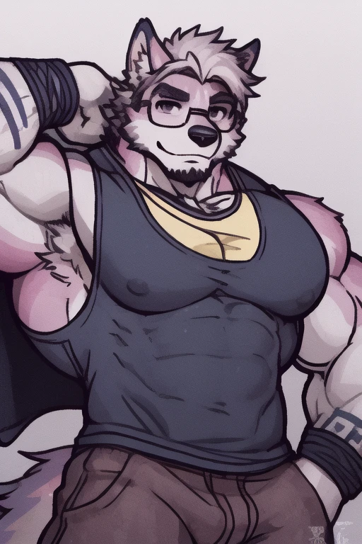 a wolf with baby pink fur, very muscular, flexing the muscles of the right arm, looking at the flexed arm and smiling, with glasses, a t-shirt glued to the body, and a giant, thick blouse tied around the waist, with a front pose, like an visual novel character