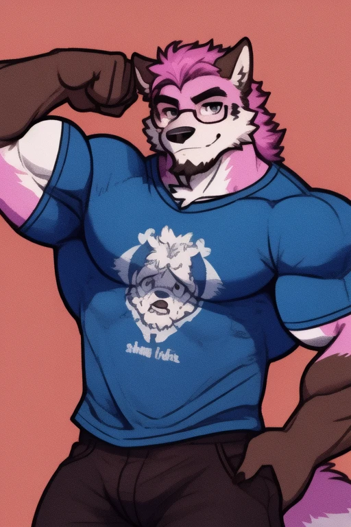 Solo, male, standing, heavy bulge, detailed crotch, shiny tight rubber speedo, bull, pink fur, blue body, slime body, translucent body, very Buff, bulging veins all over body, orange eyes, detailed eyes, detailed hands, flexing big muscles, big face, big head, open mouth, detailed mouth, detailed maw, saliva, steam, sweat, sweaty, by chunie, by darkgem, by glitter trap boy, cargo shorts, white tank top, wearing gold and around neck, the hood, other furry animals with buff masculine bodies amd saggung pants