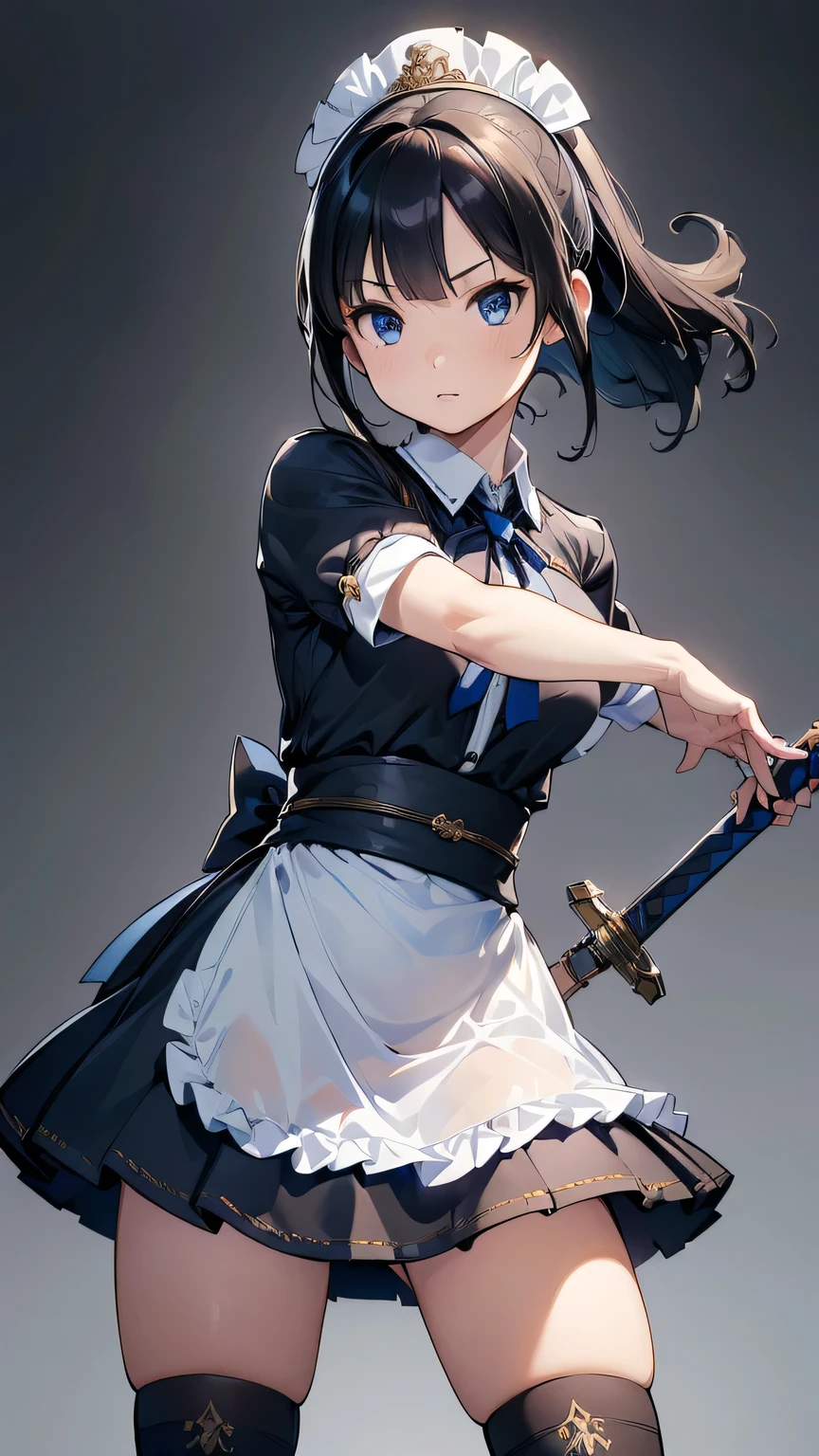 (((masterpiece))), ((( high definition))), ((( perfect face)))、((( Japan Beauty )))、(( top quality i )), detailed textures, (( high definitionの顔)), ( best quality、Unity 8k,16k, wallpaper、masterpiece、Super detailed、超 high definition、(Realistic)、( Highly Detailed Backgrounds), ((Detailed drawing))、Photoreal 1.2, exquisite, insanely detailed), ((4 fingers on 1 thumb , Perfect human hand)), very detailed facial and skin textures, ((Detailed eyes)), Detailed lips, highly detailed depiction of hair , (()), ( Twin Short Uptail, Black Hair, Blue Eyes), (Fitted Maid Outfit , Partially see-through , mini skirt, knee socks, boots), ( The color of the clothes is basically white ), (City:1.2), ((cowboy shot)), (Drawing from below), ( fighting pose with a magic sword)