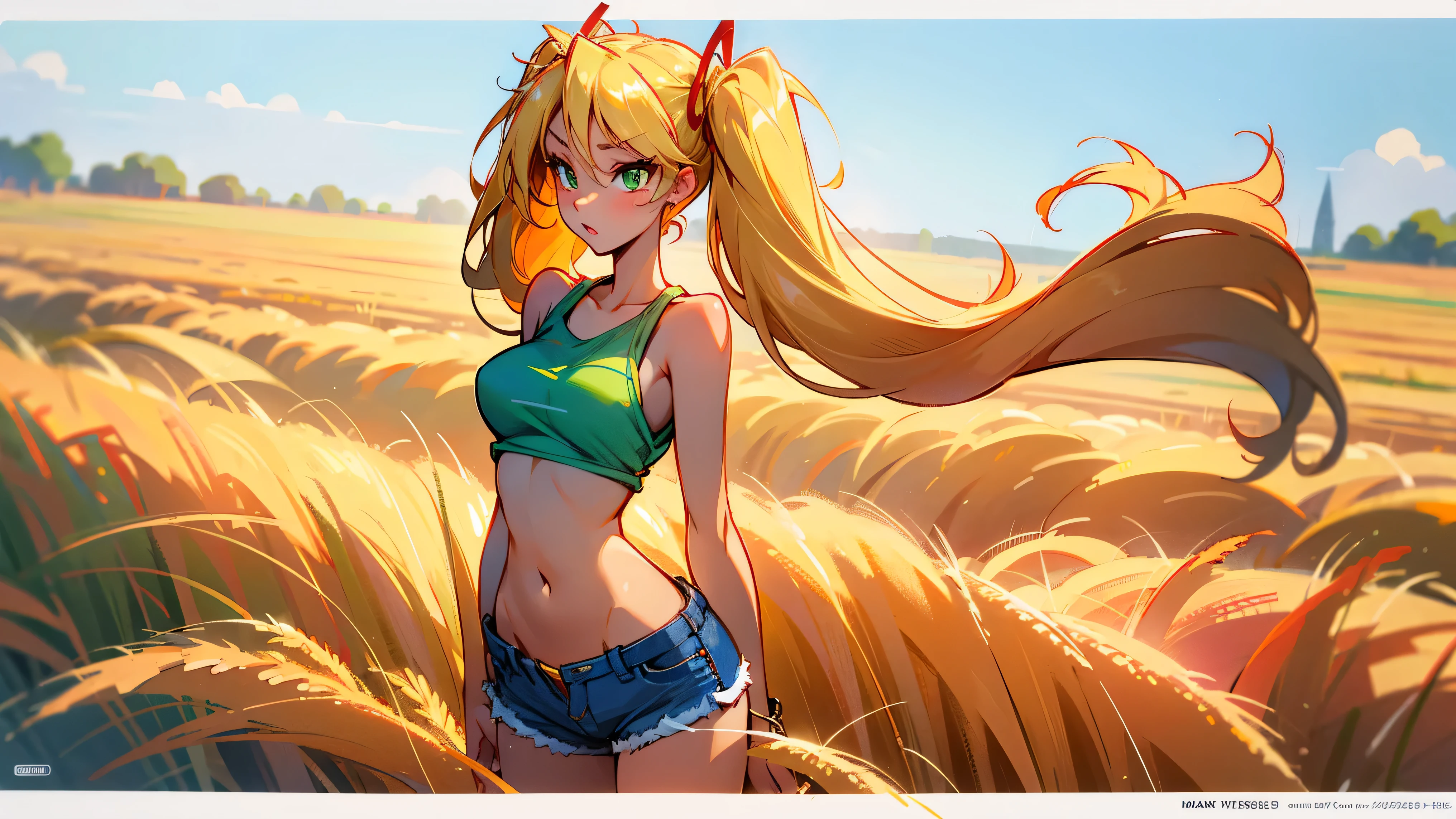 1girl, solo, (masterpiece, best quality, High Detail, 8K), blonde, long wavy hair, twintails with red ribbons in hair, dark tanned skin, extremely sexy, bikini tan, large breasts, Head to hips shot, Full body shot, cowboy shot, skinny, large green eyes, ((thin waist, small hips, long torso)), ((Dean Yeagle Style - Mandy)), wearing cutoff bluejean short-shorts, country girl, farm background, wheat field,