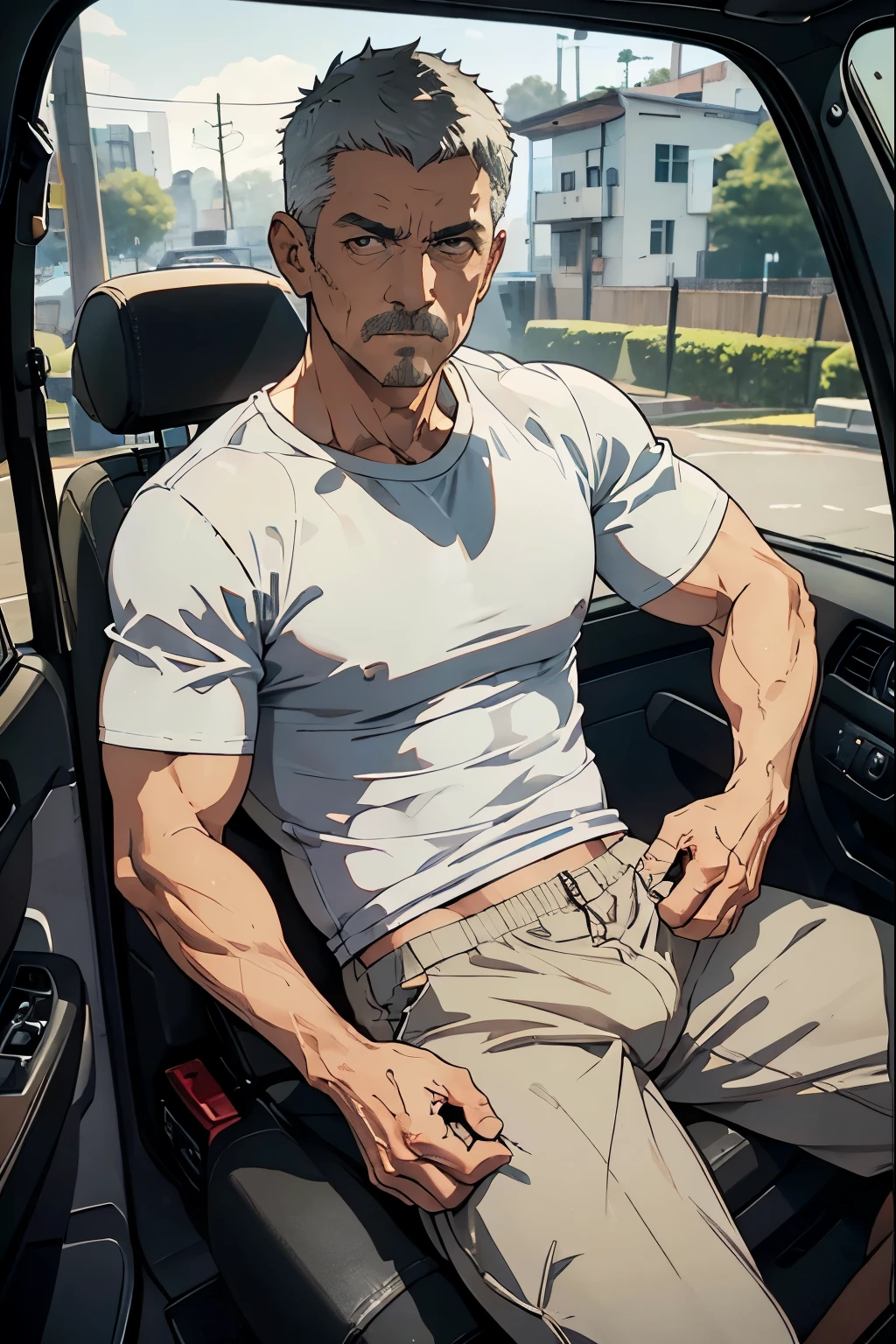  of a carpenter sitting in a car５０ -year-old middle-aged male carpenter 、Muscular、Gray Hair、white t-shirt and khaki 、 tight underwear for the lower body、Emphasis on the crotch、Short Hair、Crew cut、Masculine、Stubble、Intimidating、detailed expression、The background is inside a Hiace car 