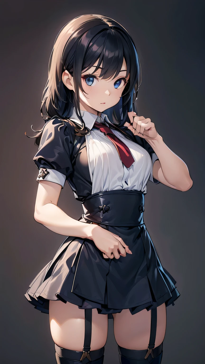 (((masterpiece))), ((( high definition))), ((( perfect face)))、((( Japan Beauty )))、(( top quality i )), detailed textures, (( high definitionの顔)), ( best quality、Unity 8k,16k, wallpaper、masterpiece、Super detailed、超 high definition、(Realistic)、( Highly Detailed Backgrounds), ((Detailed drawing))、Photoreal 1.2, exquisite, insanely detailed), ((4 fingers on 1 thumb , Perfect human hand)), very detailed facial and skin textures, ((Detailed eyes)), Detailed lips, highly detailed depiction of hair , (()), ( Twin Short Uptail, Black Hair, Blue Eyes), (Fitted Maid Outfit , Partially see-through , mini skirt, knee socks, boots), (The color of clothes is basically red), (City:1.2), ((cowboy shot)), (Drawing from below), ( fighting pose with a magic sword:1.2)