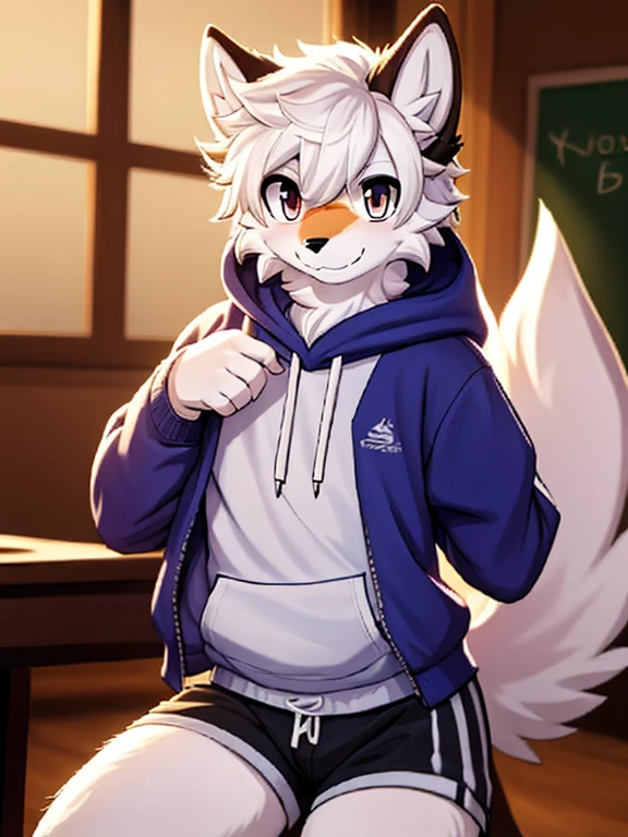 1boy, solo, a wolf schoolboy in a hoody, furry, anime, looking at viewer, sexy pose, smile, detailed fur, perfect anatomy, detailed face