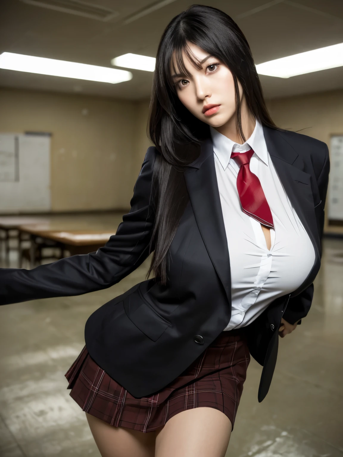 (highest quality:1.2, masterpiece:1.2), 8K, Professional Lighting, Cinematic Lighting, ultra realistic & detailed portrait of Kurihara Mari (Prison School), (black hair, shoulder length), ((red necktie, collar formal shirt, brown jacket, blazer, check skirt)), (detailed eyes, perfect eyes, fine eyes, clear eyes), ((ultra realistic interior of narrow & abandoned school, ultra detailed interior of school, dark atmosphere)), (ultra huge breasts, ultra huge cleavages, ultra huge tits, ultra huge boob), standing, (looking at viewer), cowboy shot, zoom out, 