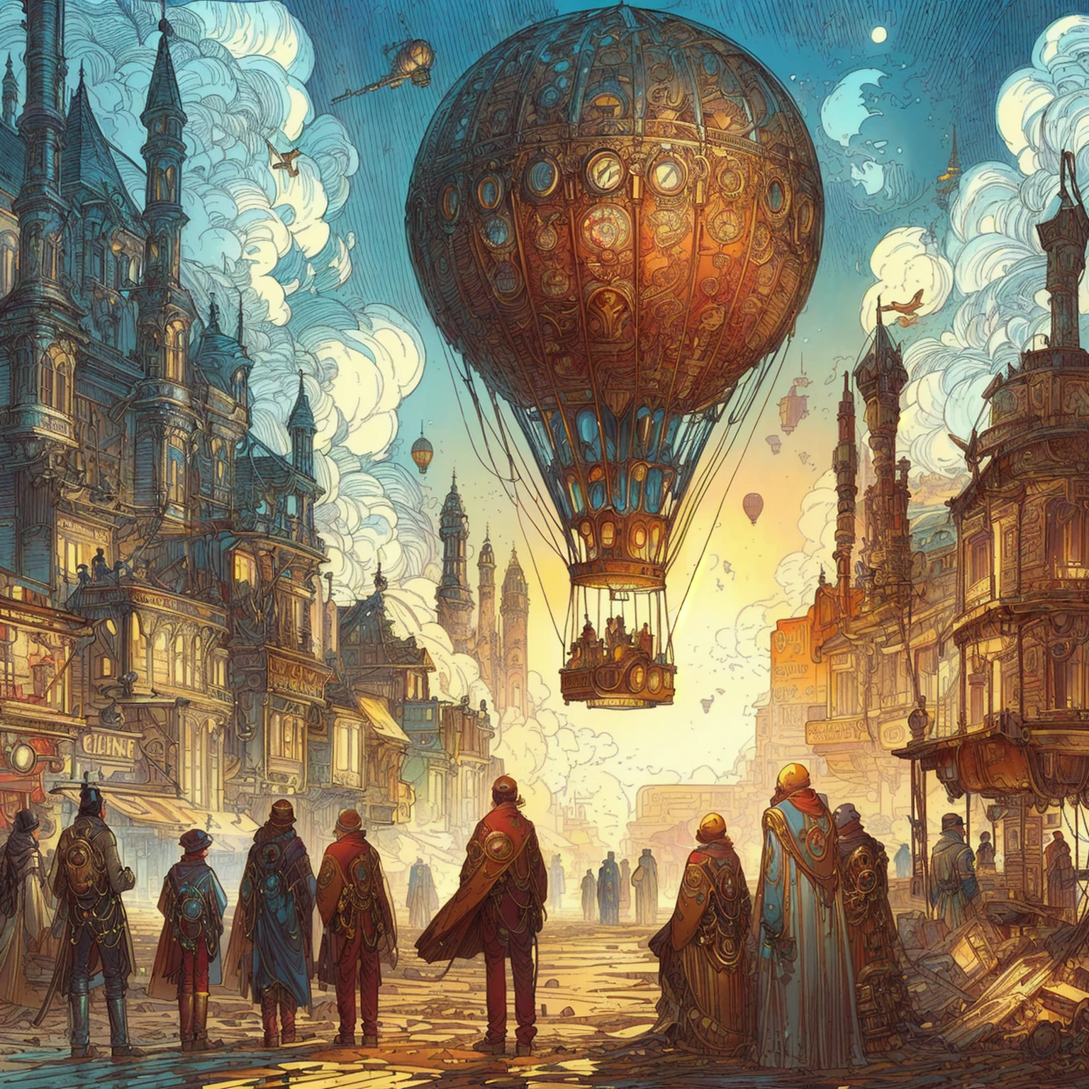 a painting of a group of people standing around a hot air balloon, cyril rolando and m. w kaluta, cyril rolando and m.w kaluta, golden steampunk city atmosphere, victorian steampunk city vista, ancient steampunk city, steampunk hot air balloon, victorian steampunk mega city, detailed steampunk illustration, in steampunk cityscape, steampunk city, lan mcque