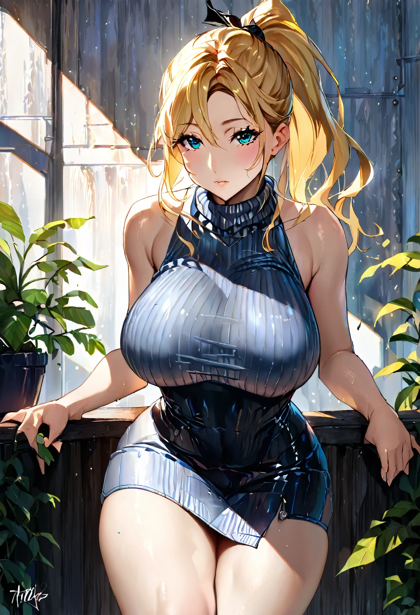 Semi realistic style (Hot beautiful soaking clothes woman blonde long ponytail in sleeveles shirt turtleneck and a mini skirt),with big breast and big butts. (A front shot,staring at the viewer.)(High resolution, anatomically correct, perfect eyes, perfect hands)