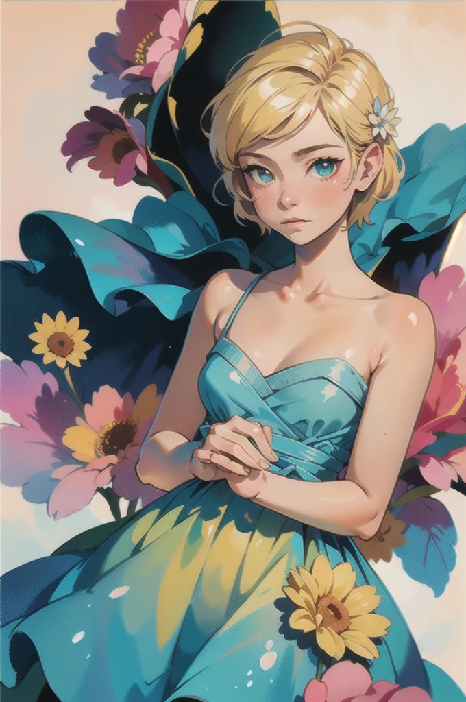 a woman with Simple dress,  short hair, blonde,   Global Illumination  , Realistic Watercolor , In the middle of the flower, Long bloom, Simple background,  Subsurface Scattering, Simple dress, (Simple artwork:1.2), Simple, (  water color :1.2),masterpiece, accurate,  anatomically correct, Best Quality, 