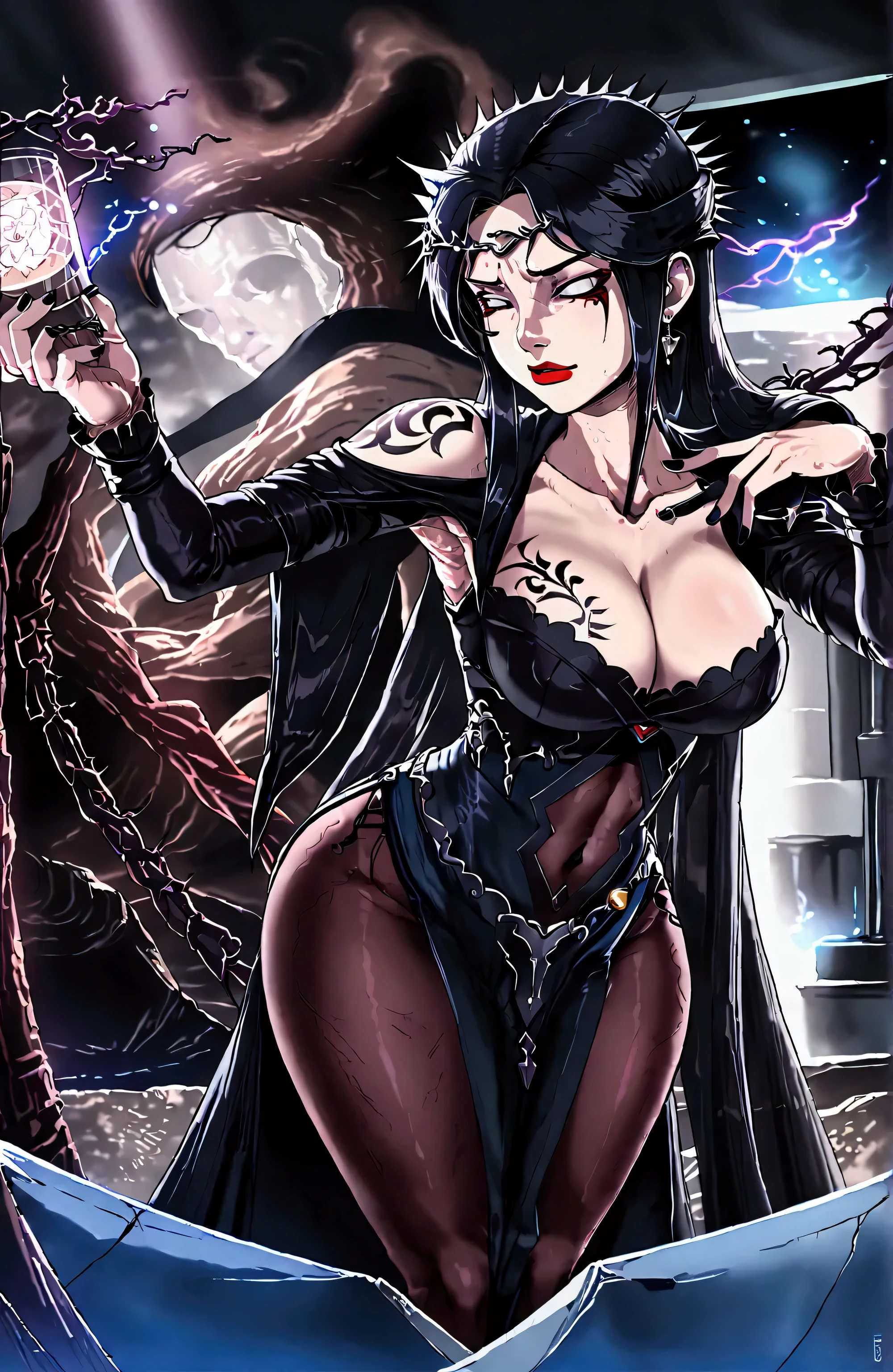 A woman of imposing, gothic appearance, with an hourglass figure and a voluptuous physique, especially in the bust, highlighted by a dark corset with lace and lace details. Her skin is pale, almost as if it had never seen sunlight, giving it an ethereal and somewhat sinister touch. Her hair, long, straight and jet black, falls like a veil to her waist, with somewhat disheveled tips that reinforce her melancholic appearance. Her eyes are surrounded by dark, deep makeup that accentuates an expression of tiredness and disdain, while her lips, painted in ((dark red lips)), maintain a slight downward curve, transmitting a mixture of sadness and cruelty. She wears a black velvet or satin dress, with long sleeves that end in lace, and details in aged silver that simulate thorns or small broken chains. To reinforce her depressive air, ((a tattoo of a wilted flower meanders from her collarbone to her shoulder)), ((and on her hands she wears antique-looking rings with dull stones and dark symbols engraved on them)). ((Her nails are long and painted black)), with small silver ornaments on some of them. The villainess's pose is relaxed, but with an elegant and defiant posture, suggesting an eerie calm. She stands in a dark environment, perhaps in a mansion or a dimly lit forest, with enveloping shadows that barely reveal her outline.,colossal tits,big tits,hd,4k,detailed,artwork,nsfw,sensual,colossal breasts