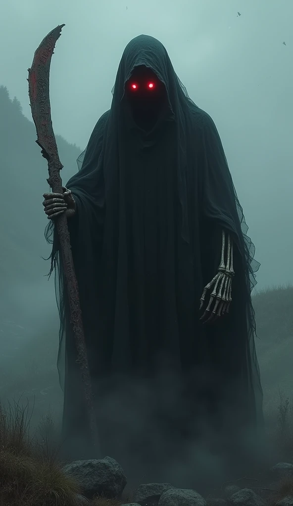  Create a dark and terrifying representation of The Faceless Death ,  with an imposing and ethereal presence in the midst of a gloomy landscape .  The figure is wrapped in a long, vaporous black layer ,  torn and gnawed by time .  His tunic floats in the air as if it were smoke or fog ,  giving the character a ghostly appearance .  The figure's hood is an absolute void ,  dark and bottomless ,  but two red and torn lights , in the shape of eyes ,  shine brightly inside , , providing a chilling and sinister look that seems to penetrate the soul .

 The arms of the figure ,  skeletal and fragile-looking but powerful ,  emerge from the sleeves ,  holding a huge scythe with a rusty and worn blade . . The scythe has ancient engravings and macabre runes that reflect death and desolation .  The details of the skeletal hands must be meticulous , , showing each bone with hyperrealistic textures and a touch of deep shadows that provide even more mystery.  The atmosphere around him is dark ,  surrounding with a dense fog that surrounds the scene .  The color palette should focus on dark and cold tones ,  with red flashes in the eyes and on the blade of the scythe ,  as if it were stained with ancient blood .

 Extreme hyperrealistic style ,  with an 8K resolution to capture every detail in the texture of the layer ,  the dark in the hood and the eerie shine in the eyes .  The objective is to convey a sense of fear and respect , , a death figure personified that causes fear just looking at ,  worthy of a horror masterpiece ."