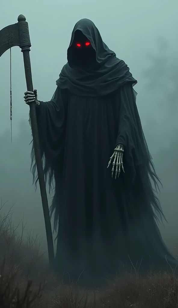  Create a dark and terrifying representation of The Faceless Death ,  with an imposing and ethereal presence in the midst of a gloomy landscape .  The figure is wrapped in a long, vaporous black layer ,  torn and gnawed by time .  His tunic floats in the air as if it were smoke or fog ,  giving the character a ghostly appearance .  The figure's hood is an absolute void ,  dark and bottomless ,  but two red and torn lights , in the shape of eyes ,  shine brightly inside , , providing a chilling and sinister look that seems to penetrate the soul .

 The arms of the figure ,  skeletal and fragile-looking but powerful ,  emerge from the sleeves ,  holding a huge scythe with a rusty and worn blade . . The scythe has ancient engravings and macabre runes that reflect death and desolation .  The details of the skeletal hands must be meticulous , , showing each bone with hyperrealistic textures and a touch of deep shadows that provide even more mystery.  The atmosphere around him is dark ,  surrounding with a dense fog that surrounds the scene .  The color palette should focus on dark and cold tones ,  with red flashes in the eyes and on the blade of the scythe ,  as if it were stained with ancient blood .

 Extreme hyperrealistic style ,  with an 8K resolution to capture every detail in the texture of the layer ,  the dark in the hood and the eerie shine in the eyes .  The objective is to convey a sense of fear and respect , , a death figure personified that causes fear just looking at ,  worthy of a horror masterpiece ."