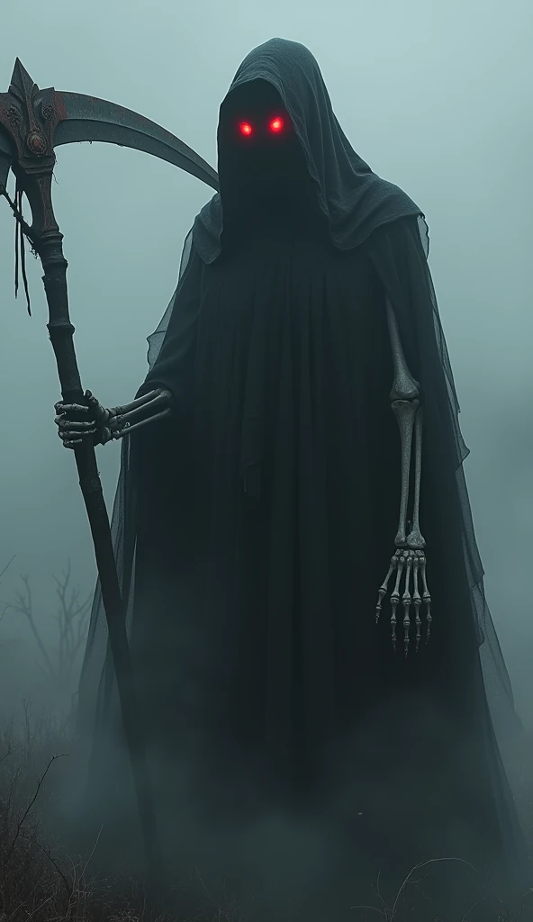  Create a dark and terrifying representation of The Faceless Death ,  with an imposing and ethereal presence in the midst of a gloomy landscape .  The figure is wrapped in a long, vaporous black layer ,  torn and gnawed by time .  His tunic floats in the air as if it were smoke or fog ,  giving the character a ghostly appearance .  The figure's hood is an absolute void ,  dark and bottomless ,  but two red and torn lights , in the shape of eyes ,  shine brightly inside , , providing a chilling and sinister look that seems to penetrate the soul .

 The arms of the figure ,  skeletal and fragile-looking but powerful ,  emerge from the sleeves ,  holding a huge scythe with a rusty and worn blade . . The scythe has ancient engravings and macabre runes that reflect death and desolation .  The details of the skeletal hands must be meticulous , , showing each bone with hyperrealistic textures and a touch of deep shadows that provide even more mystery.  The atmosphere around him is dark ,  surrounding with a dense fog that surrounds the scene .  The color palette should focus on dark and cold tones ,  with red flashes in the eyes and on the blade of the scythe ,  as if it were stained with ancient blood .

 Extreme hyperrealistic style ,  with an 8K resolution to capture every detail in the texture of the layer ,  the dark in the hood and the eerie shine in the eyes .  The objective is to convey a sense of fear and respect , , a death figure personified that causes fear just looking at ,  worthy of a horror masterpiece ."