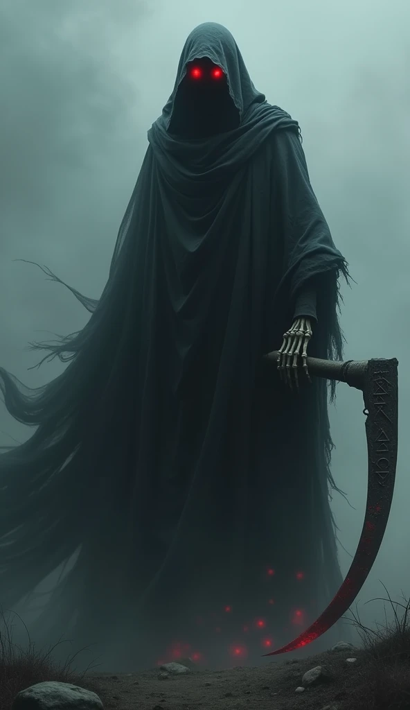  Create a dark and terrifying representation of The Faceless Death ,  with an imposing and ethereal presence in the midst of a gloomy landscape .  The figure is wrapped in a long, vaporous black layer ,  torn and gnawed by time .  His tunic floats in the air as if it were smoke or fog ,  giving the character a ghostly appearance .  The figure's hood is an absolute void ,  dark and bottomless ,  but two red and torn lights , in the shape of eyes ,  shine brightly inside , , providing a chilling and sinister look that seems to penetrate the soul .

 The arms of the figure ,  skeletal and fragile-looking but powerful ,  emerge from the sleeves ,  holding a huge scythe with a rusty and worn blade . . The scythe has ancient engravings and macabre runes that reflect death and desolation .  The details of the skeletal hands must be meticulous , , showing each bone with hyperrealistic textures and a touch of deep shadows that provide even more mystery.  The atmosphere around him is dark ,  surrounding with a dense fog that surrounds the scene .  The color palette should focus on dark and cold tones ,  with red flashes in the eyes and on the blade of the scythe ,  as if it were stained with ancient blood .

 Extreme hyperrealistic style ,  with an 8K resolution to capture every detail in the texture of the layer ,  the dark in the hood and the eerie shine in the eyes .  The objective is to convey a sense of fear and respect , , a death figure personified that causes fear just looking at ,  worthy of a horror masterpiece ."