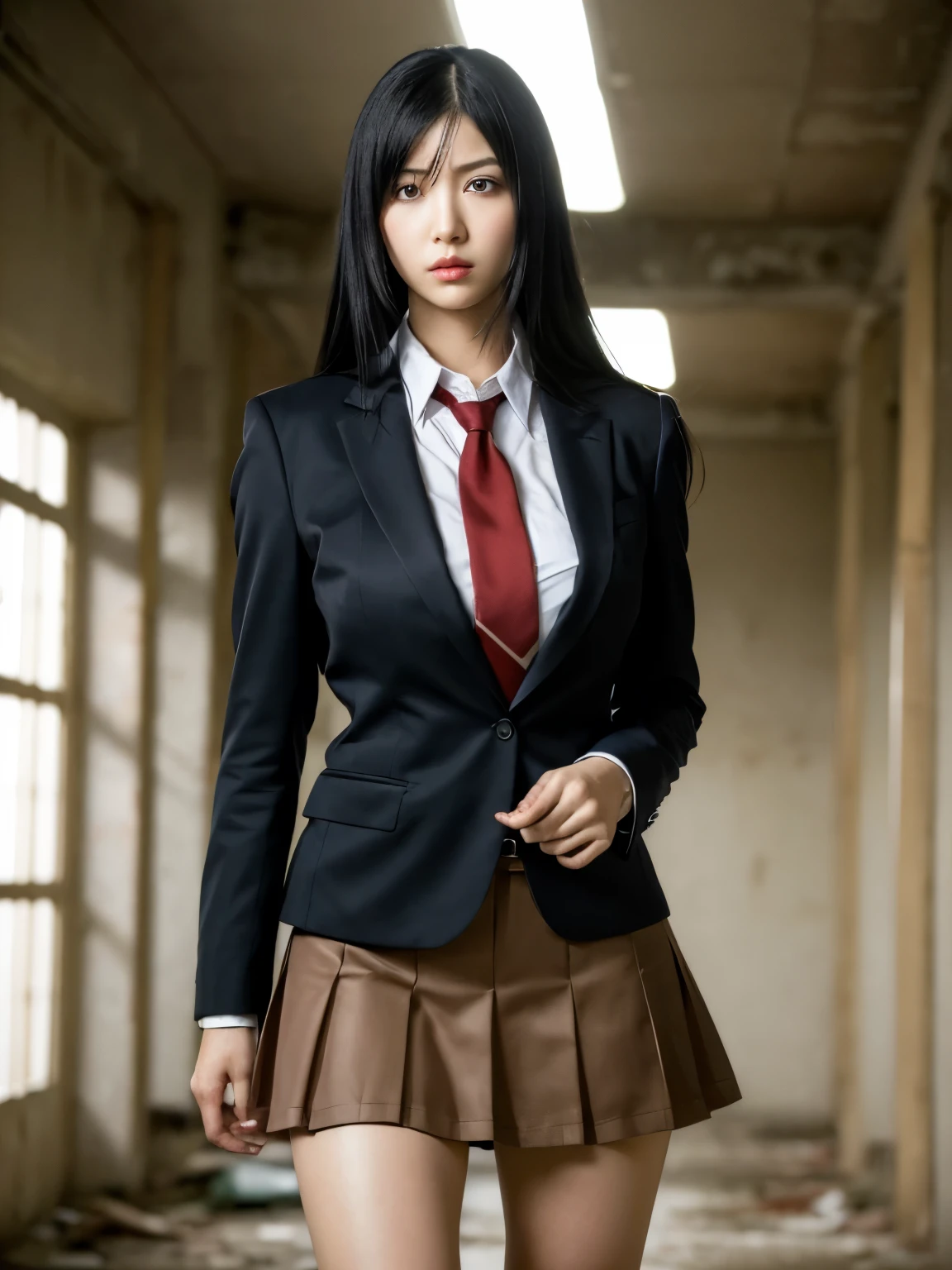 (highest quality:1.2, masterpiece:1.2), 8K, Professional Lighting, Cinematic Lighting, ultra realistic & detailed portrait of Kurihara Mari (Prison School), (black hair, shoulder length), ((red necktie, collar formal shirt, brown jacket, blazer, check skirt)), (detailed eyes, perfect eyes, fine eyes, clear eyes), ((ultra realistic interior of narrow & abandoned school, ultra detailed interior of school, dark atmosphere)), (ultra huge breasts, ultra huge cleavages, ultra huge tits, ultra huge boob), standing, (looking at viewer), cowboy shot, zoom out, 