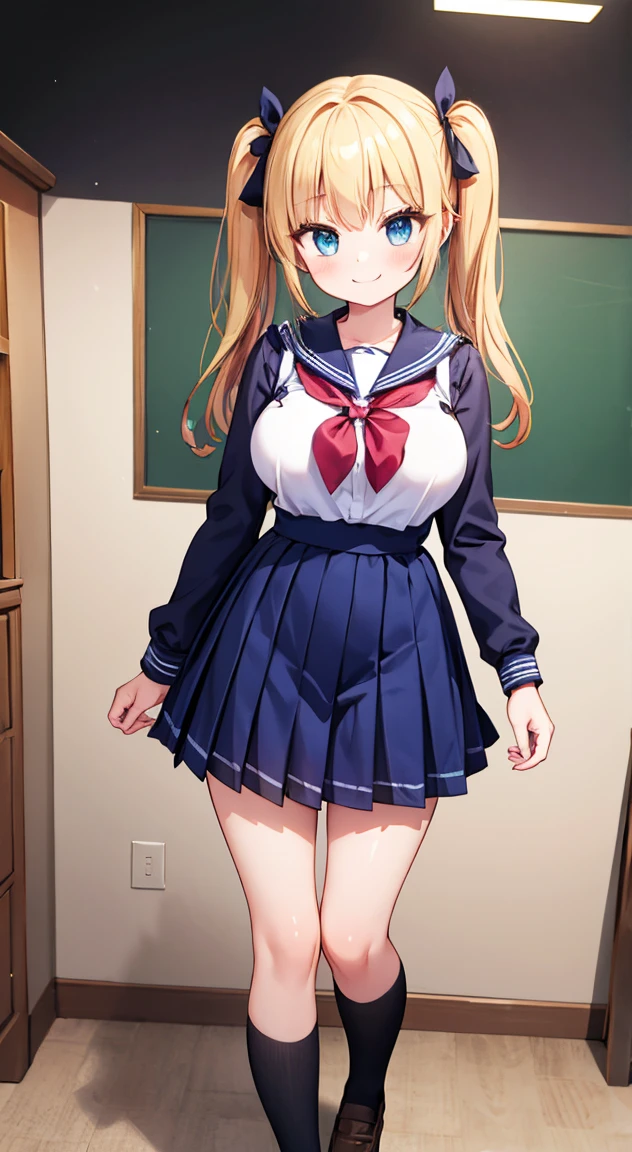Highest quality,masterpiece,One person,Blonde,Twin tails,Schoolgirl uniform,Short sleeve,Large Breasts,smile,