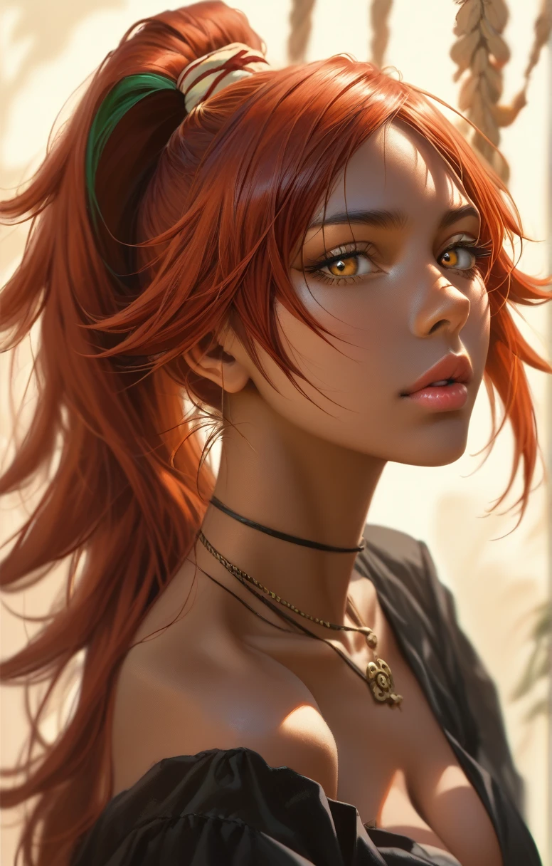 (((kipteitei art))), Masterpiece, high quality, best quality, beautiful, HD, detailed face, serene face, seductive look, anime, 18-year-old african woman, amber eyes, african skin, full lips, long red hair with green highlights tied up, black clothes, necklace, Yoruichi Shihōin, bleach art style