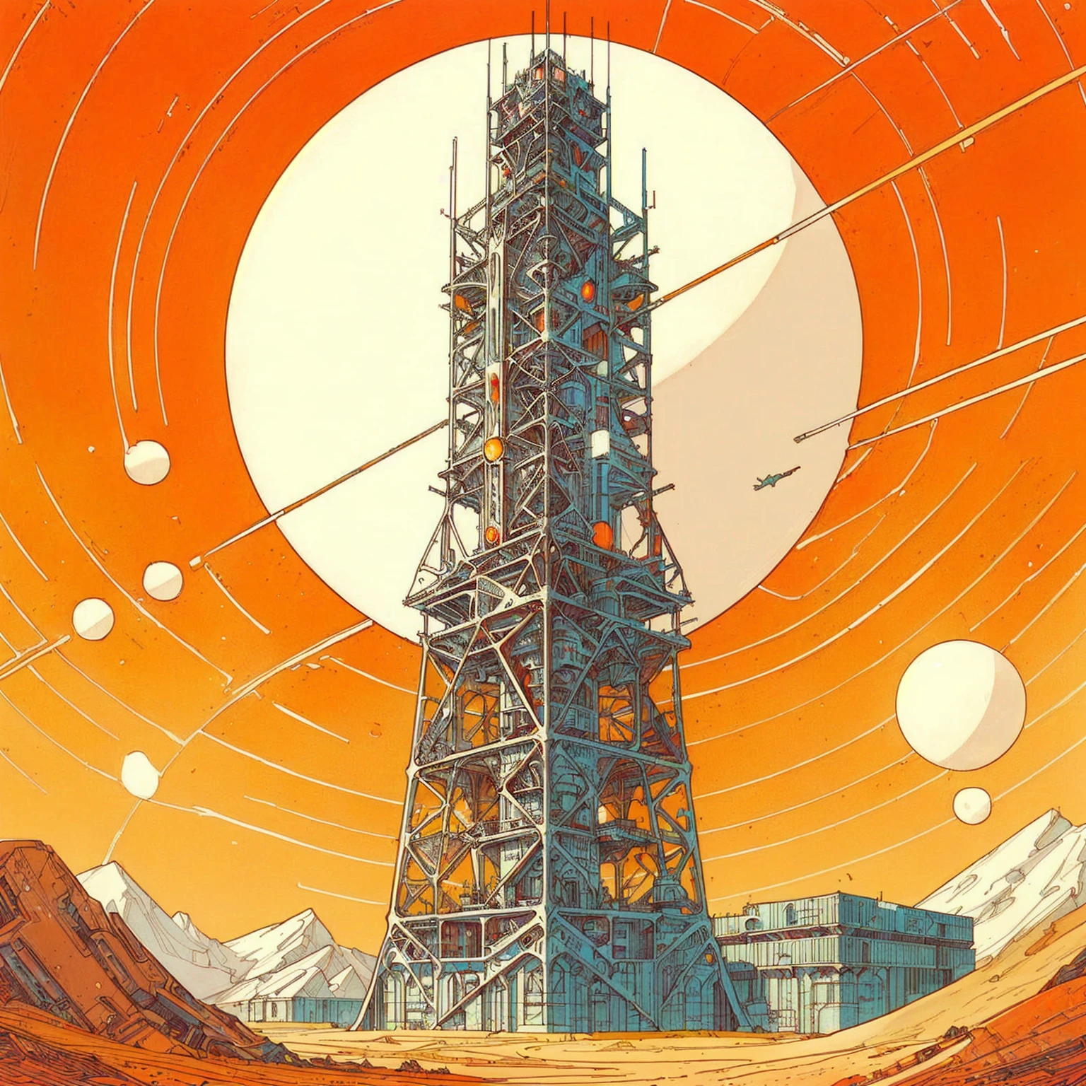 illustration of a tower with a clock on top of it in a desert, dan mcpharlin, retro sci - fi art, sci - fi illustrations, sci-fi illustrations, retro 1 9 6 0 s sci - fi art, kilian eng. mœbius, laurie greasley, retro futuristic illustration, beeple and jean giraud