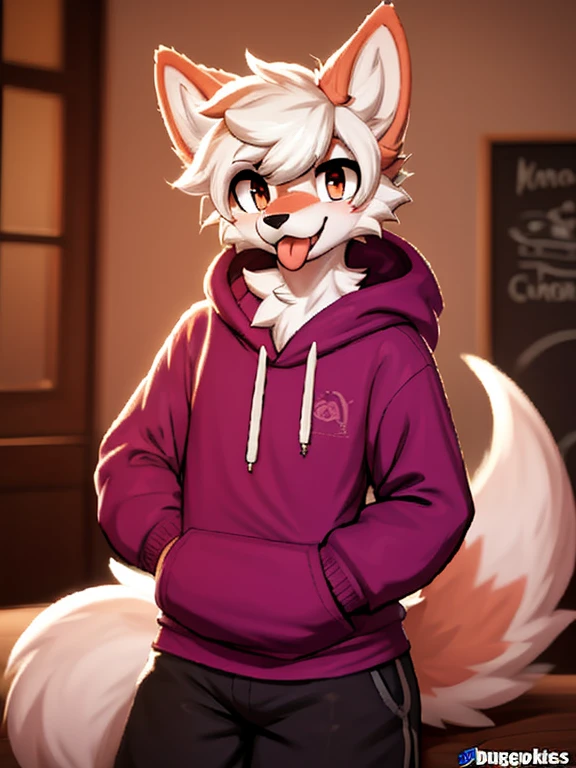 1boy, solo, a wolf schoolboy in a hoody, furry, anime, looking at viewer, sexy pose, tongue out, smile, half-clothed eyes, detailed fur, perfect anatomy, detailed face, realistic light, cozy light, looking at the camera ( de Coffeesoda, By Burgerkiss), femboy body