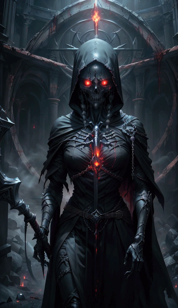  Create a dark and terrifying representation of The Faceless Death ,  with an imposing and ethereal presence in the midst of a gloomy landscape .  The figure is wrapped in a long, vaporous black layer ,  torn and gnawed by time .  His tunic floats in the air as if it were smoke or fog ,  giving the character a ghostly appearance .  The figure's hood is an absolute void ,  dark and bottomless ,  but two red and torn lights , in the shape of eyes ,  shine brightly inside , , providing a chilling and sinister look that seems to penetrate the soul .

 The arms of the figure ,  skeletal and fragile-looking but powerful ,  emerge from the sleeves ,  holding a huge scythe with a rusty and worn blade . . The scythe has ancient engravings and macabre runes that reflect death and desolation .  The details of the skeletal hands must be meticulous , , showing each bone with hyperrealistic textures and a touch of deep shadows that provide even more mystery.  The atmosphere around him is dark ,  surrounding with a dense fog that surrounds the scene .  The color palette should focus on dark and cold tones ,  with red flashes in the eyes and on the blade of the scythe ,  as if it were stained with ancient blood .

 Extreme hyperrealistic style ,  with an 8K resolution to capture every detail in the texture of the layer ,  the dark in the hood and the eerie shine in the eyes .  The objective is to convey a sense of fear and respect , , a death figure personified that causes fear just looking at ,  worthy of a horror masterpiece ."