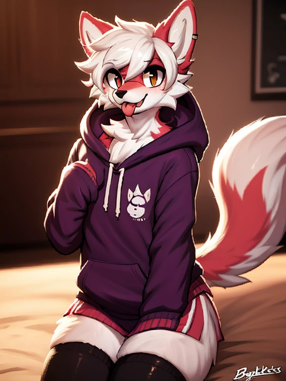 1boy, solo, a wolf schoolboy in a hoody, furry, anime, looking at viewer, sexy pose, tongue out, smile, half-clothed eyes, cunning face, detailed fur, perfect anatomy, detailed face, realistic light, cozy light, looking at the camera ( de Coffeesoda, By Burgerkiss), femboy body