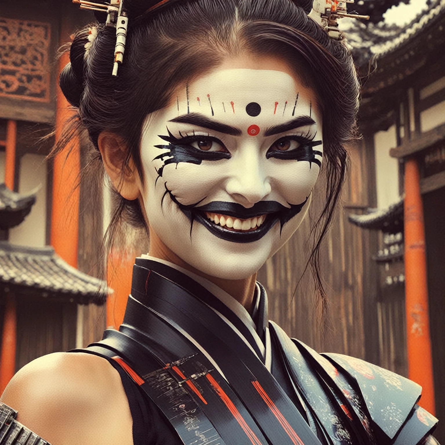 masterpiece, best quality, 1girl,  upper body, cyborg geisha samurai white face, symmetrical print, Ian McQue, Steven Klein, James Gilleard,hair cut, smile, black teeth, poster, masterpiece, hyper detailed