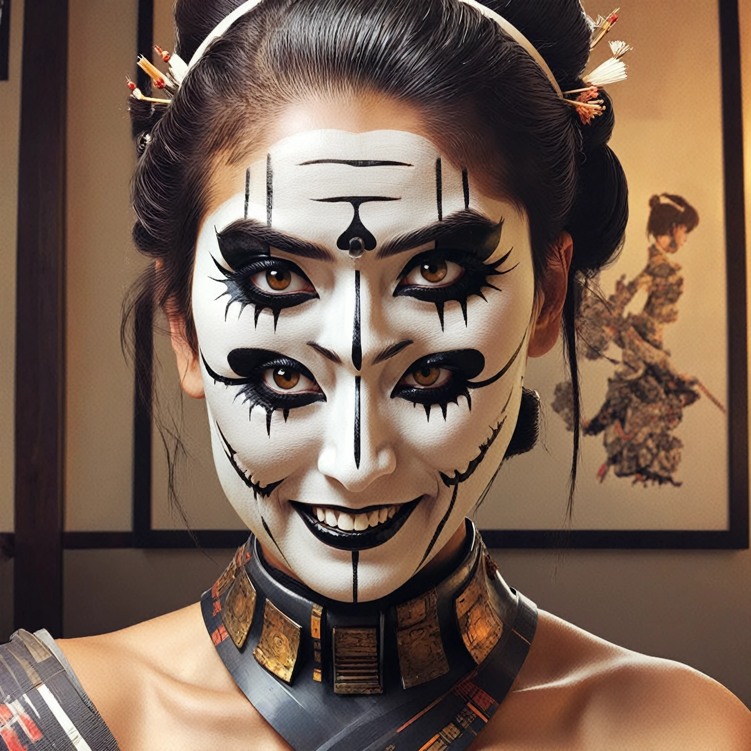 masterpiece, best quality, 1girl,  upper body, cyborg geisha samurai white face, symmetrical print, Ian McQue, Steven Klein, James Gilleard,hair cut, smile, black teeth, poster, masterpiece, hyper detailed