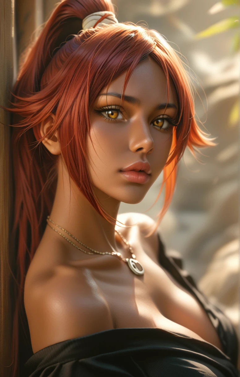 (((kipteitei art))), Masterpiece, high quality, best quality, beautiful, HD, detailed face, seductive look, anime, 18-year-old african woman, amber eyes, african skin, full lips, long red hair with green highlights tied up, black clothes, necklace, Yoruichi Shihōin, bleach art style