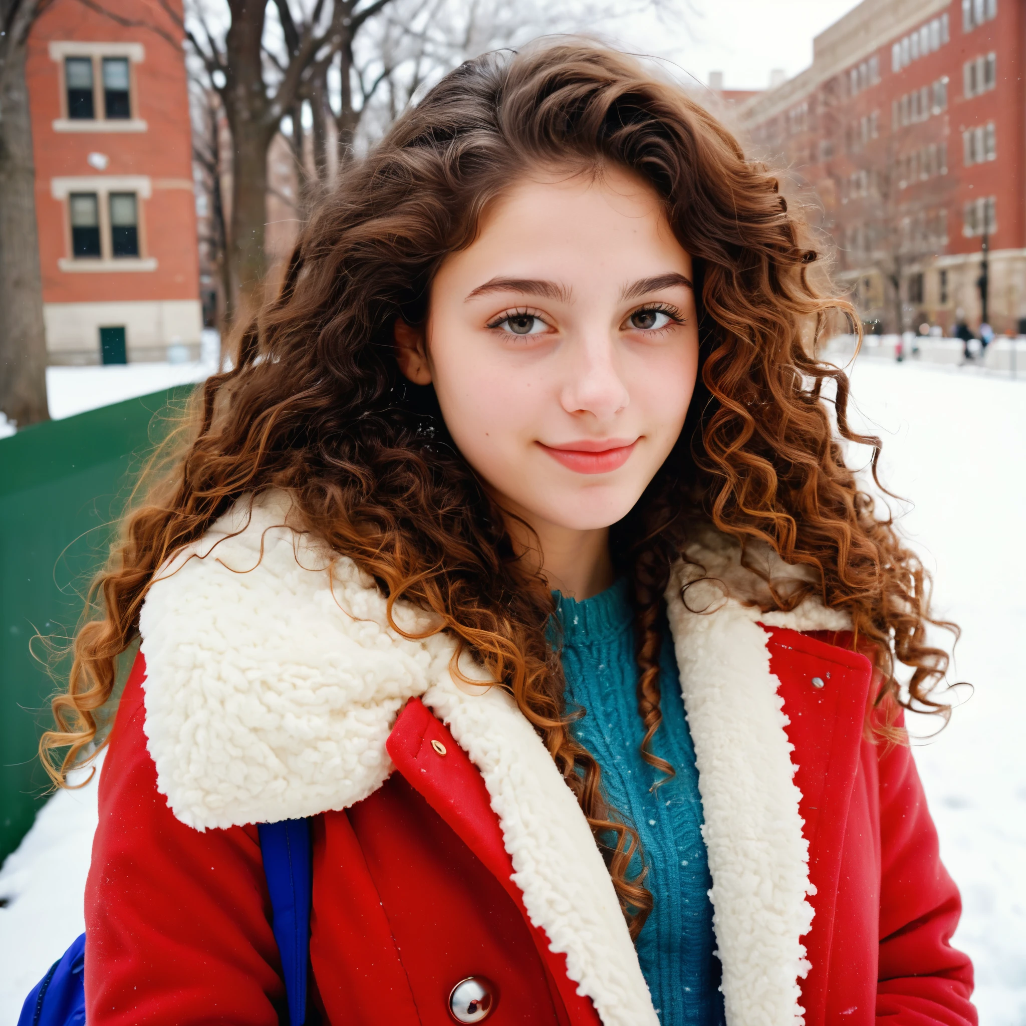 (indistinguishable from reality:1.4), 1girl, selfie, An half portrait of a beautiful 25 y.o New York Italian college student, (detailed facial features), (freckles:0.2), (acne:0.1), long thick luxurious curly hair, beautiful Jewish nose, shy smile, walking on University campus, winter, snowfall, ultra detailed texture winter coat, bright primary colors, Nikon FM2, 35mm SLR