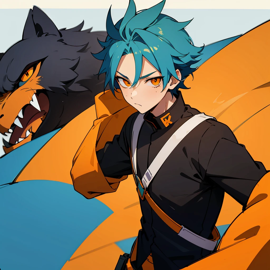 1 boy, Turquoise hair, orange eyes, black uniform, handsome, orange eye liner, high quality, high quality 