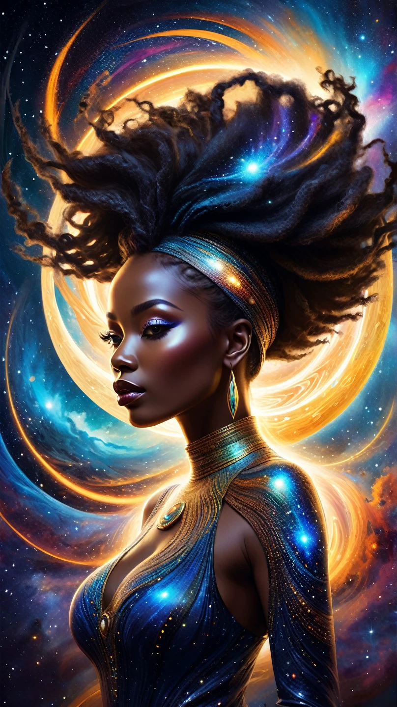  Une femme américaine noire africaine magnifique très belle A mesmeric cosmic entity, the intertwined forces of order and chaos manifested in a digital painting. Swirling amidst a dazzling astral setting, this being embodies the beauty and turmoil of the universe. Nebulous forms dance around it, illuminated by stellar radiance, creating a spellbinding visual tapestry. The intricate details of the double exposure technique capture the delicate balance of creation and destruction in the cosmos, making this image a masterpiece of celestial artistry.Cheveux Blonds, Cheveux Très Longs, 