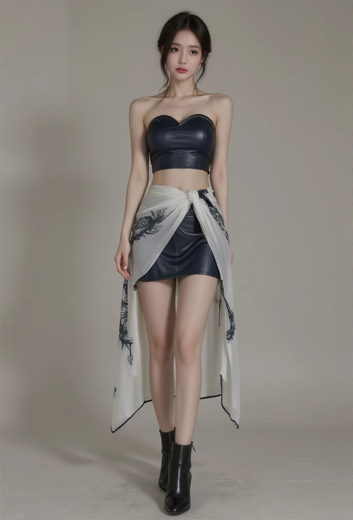 16K, Beautiful stylist woman, slim legs, Korean actress face, long legs, detailed face, beautiful dark eye makeup, beautiful red lips, realistic Korean traditional costume, navy, leather tube crop top, short skirt, leather tube crop top with gray line, short tube skirt, gray dragon painting on skirt, wrap style transparent skirt, small flower pattern under skirt, thigh-length skirt, ankle boots,