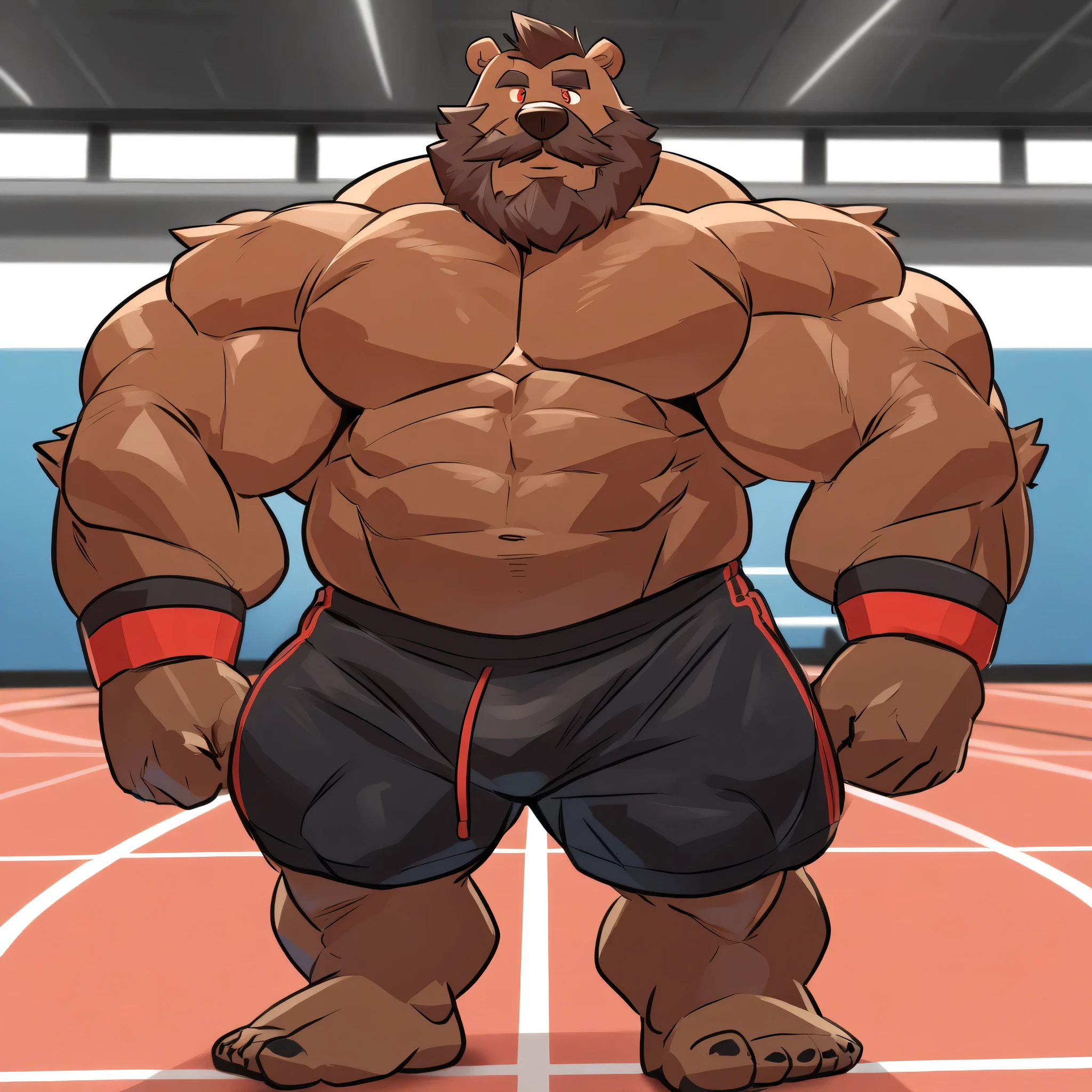 1boy, solo, Huge Muscular old kodiak brown bear working out in gymasium track, (wearing black gym shorts, wristbands, shirtless, topless), huge brown fur, wrinkles, short hair, brown mustache and Beard, pectoral, height: 220cm, weight: 440lbs, added eyes with red pupils