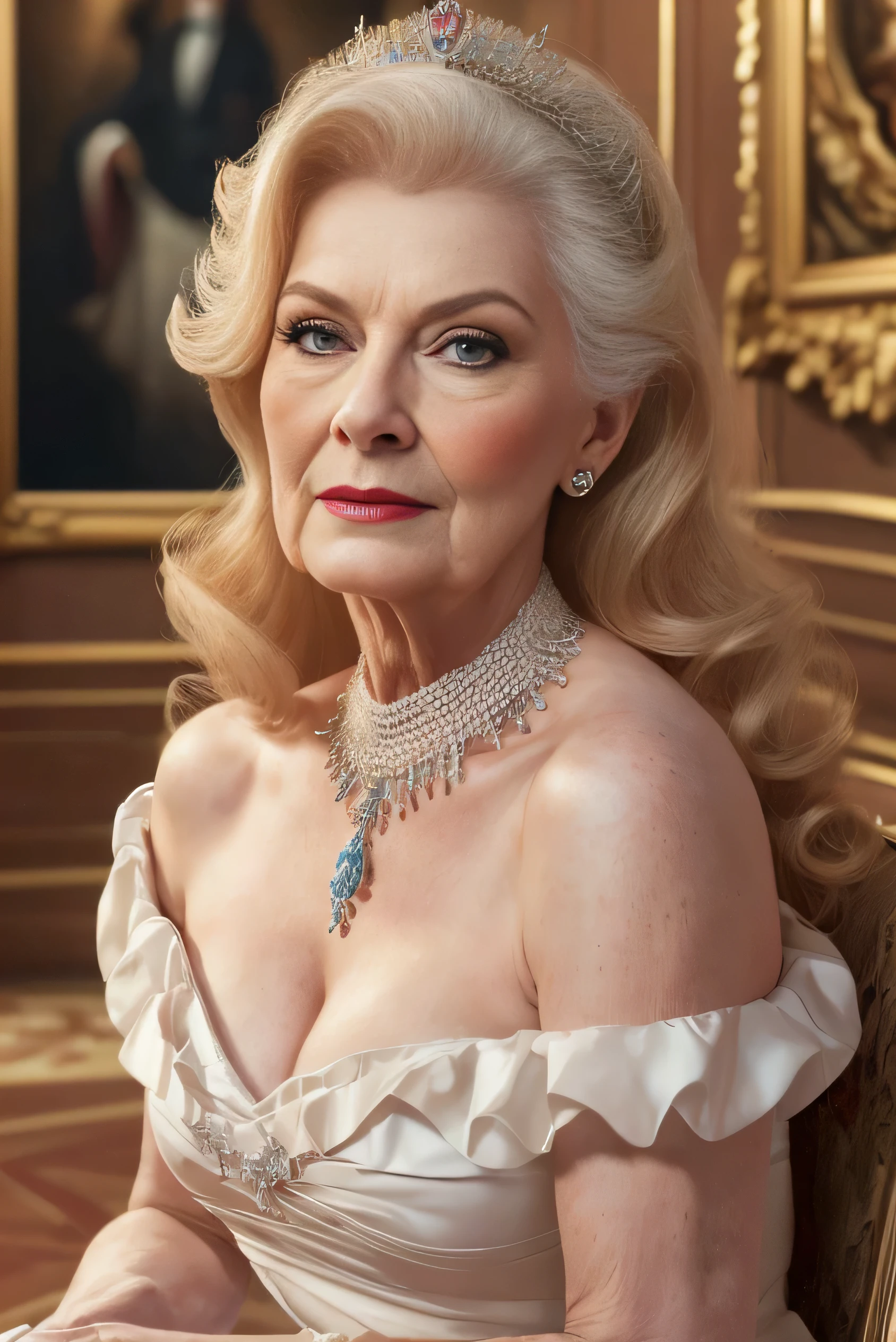(Best Quality,4K,8k, High image quality, upper body, artwork :1.2), very detailed,(Realistic,photoRealistic,photo-Realistic:1.37), Hall for people 60 and over々Barrel Madame, queen ,dominant expression, (Nancy Patricia D.............'Alexander Pelosi:1.1), Elegant people for mature women over 60 , Rich curves, Wrinkled Face , short hair, Intense aura, Sublime Dominance, sexy lingerie, Lingerie in different colors , In the bedroom, In the garden, See-through Lingerie , Wearing panties, make your bra visible, good, I' I'm looking forward to it , Show me your ass from behind