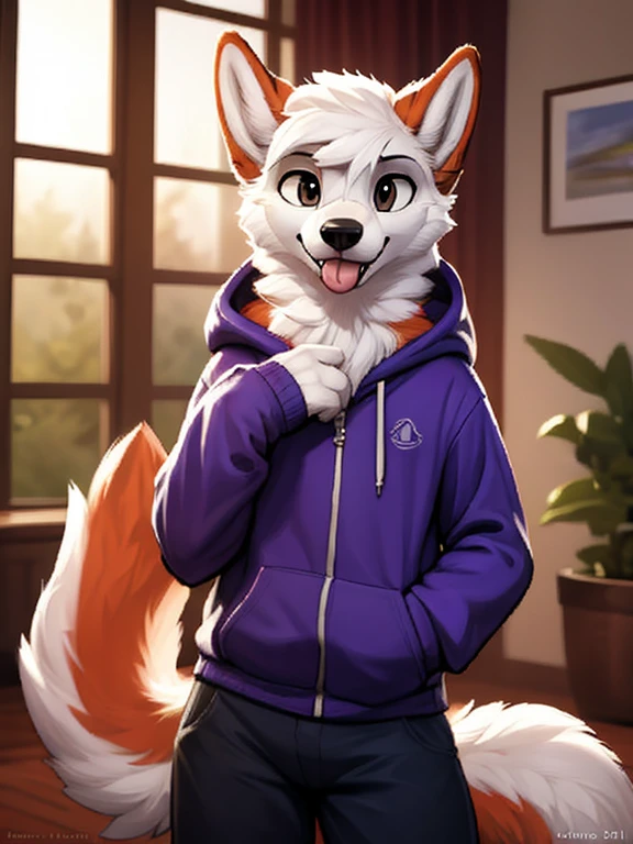 1boy, solo, a wolf schoolboy in a hoody, furry, anime, looking at viewer, sexy pose, tongue out, smile, half-clothed eyes, cunning face, detailed fur, perfect anatomy, detailed face, realistic light, cozy light, looking at the camera (  by ruan jia, by zaush, by foxovh), femboy body, standing in a living room