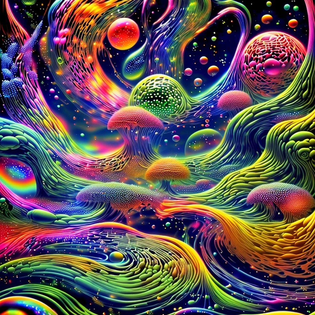 An image of light emerging from colors in a psychedelic dream, shimmering glass morphing out of colors, trippy vibrant colors, perfectly formed beautiful reflective bubbles, attention to detail on the bubbles and spheres, beautiful psychedelic digital art, pixel art, trippy colors, 4d mandelbulb psychedelics, glass like psychedelic landscape, intricate rainbow environment, psychedelic underwater brightness, neon colors, bright fluorescent colors, psychedelic trip, fluorescent psychedelic aesthetic, psychedelic vibrant colors, bright psychedelic neon colors, paint splattered backgrounds,swirling spirals and vortex, bright vibrant colors popping out from 3d glass spheres, Pixel Assets, Portrait photography, surrealism, Photorealistic, Hyperdetailed, Glass Morphism, Digital Art, Sparkle, Optical Illusion, Glowing Light, Reflection Light, Overexposure, Backlighting, Depth Of Field, Rotational Symmetry, UHD, High Details, High Quality, Super Detailed, Best Quality, Award Winning, Masterpiece