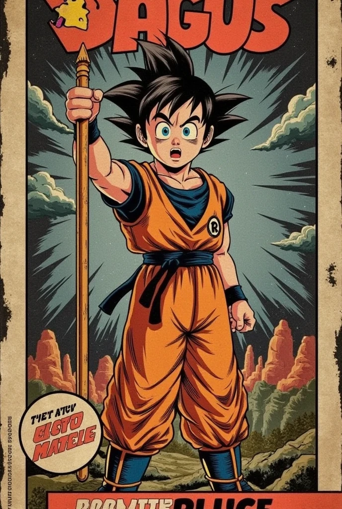 A vintage-style comic book cover shows Goku in a dynamic and heroic pose, standing firmly with his Power Pole raised in one hand, as if ready for battle. His iconic orange uniform is slightly adapted with textured shading and subtle highlights to match the classic art style of the 1940s, while the fabric appears slightly worn and creased, emphasizing his rugged journey. His expression is intense, with focused eyes and a determined gaze that captures his fearless spirit. The background is a dramatic landscape bathed in warm tones, with swirling storm clouds casting shadows that suggest an impending clash. Rays of light break through the clouds, illuminating Goku and casting a faint glow around him, adding depth and a sense of grandeur. Soft, hand-drawn textures give the entire scene a nostalgic quality, with details like small creases and faded edges around the cover's borders to emulate the look of a well-loved comic book. Hints of dust particles and subtle wear are visible on the surface, lending an authentic, slightly aged feel to the artwork. The overall composition is bold and evocative, placing Goku at the center of an epic moment, ready to face whatever challenges lie ahead.