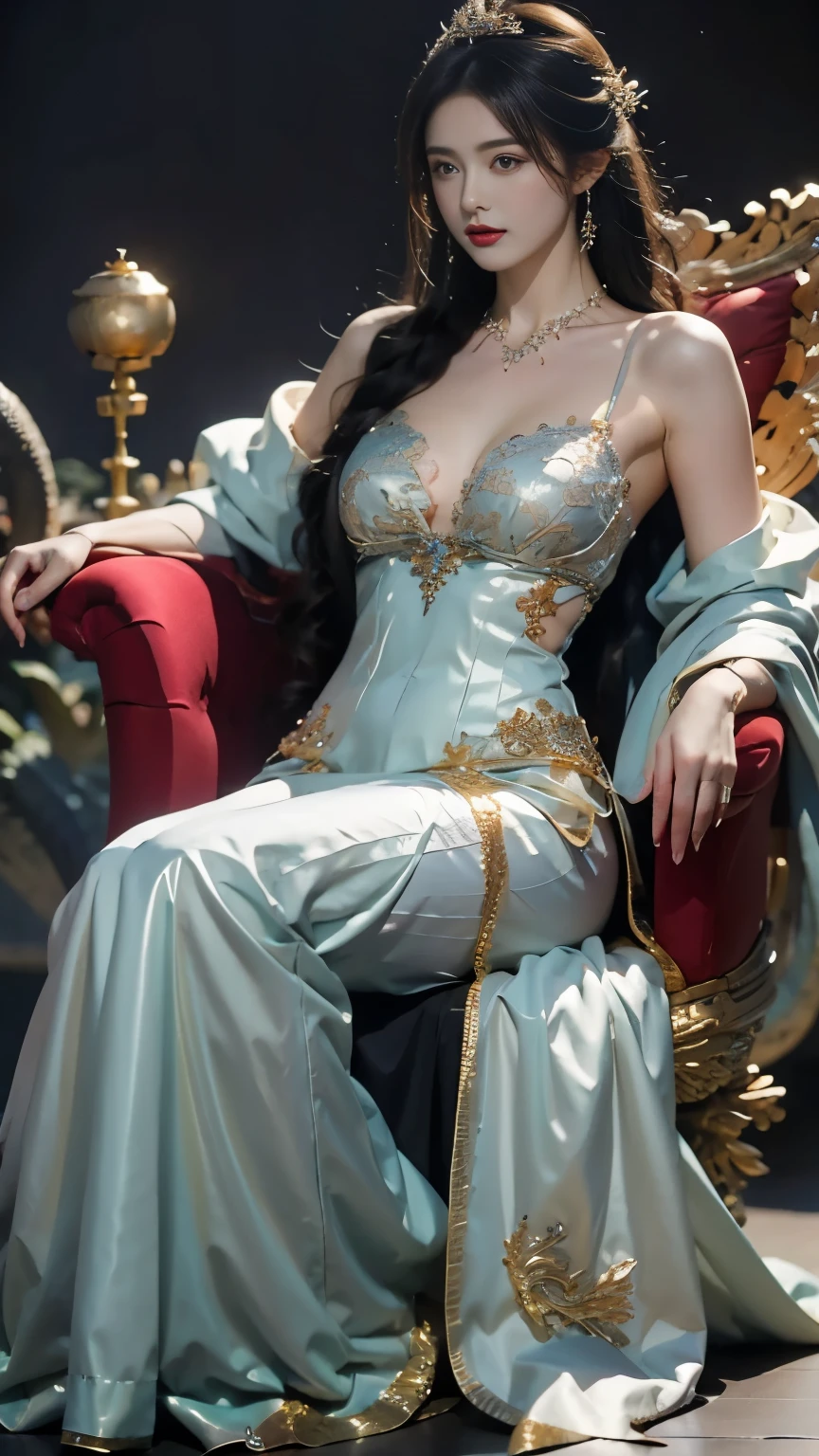 Etched illustration, Beautiful sexy queen, (((Wearing a dragon scale dress , cover))), (((Micro T-string,   and lies on the throne))),Prestige and gorgeous， (Palace Background， Ultra HD Details，Ray Tracing)，The camera tilts slightly 