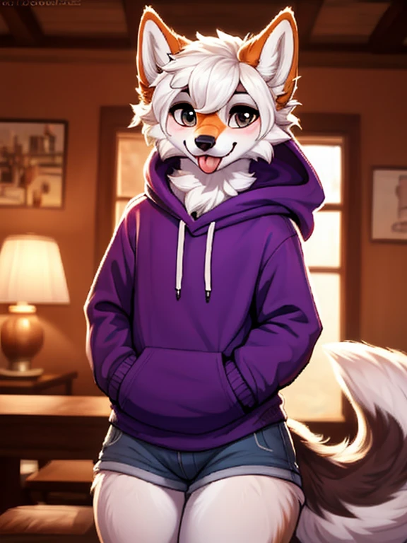 1boy, solo, a wolf schoolboy in a hoody, furry, anime, looking at viewer, sexy pose, tongue out, smile, half-clothed eyes, cunning face, detailed fur, perfect anatomy, detailed face, realistic light, cozy light, looking at the camera (  by insra, by ulitochka), femboy body, standing in a living room