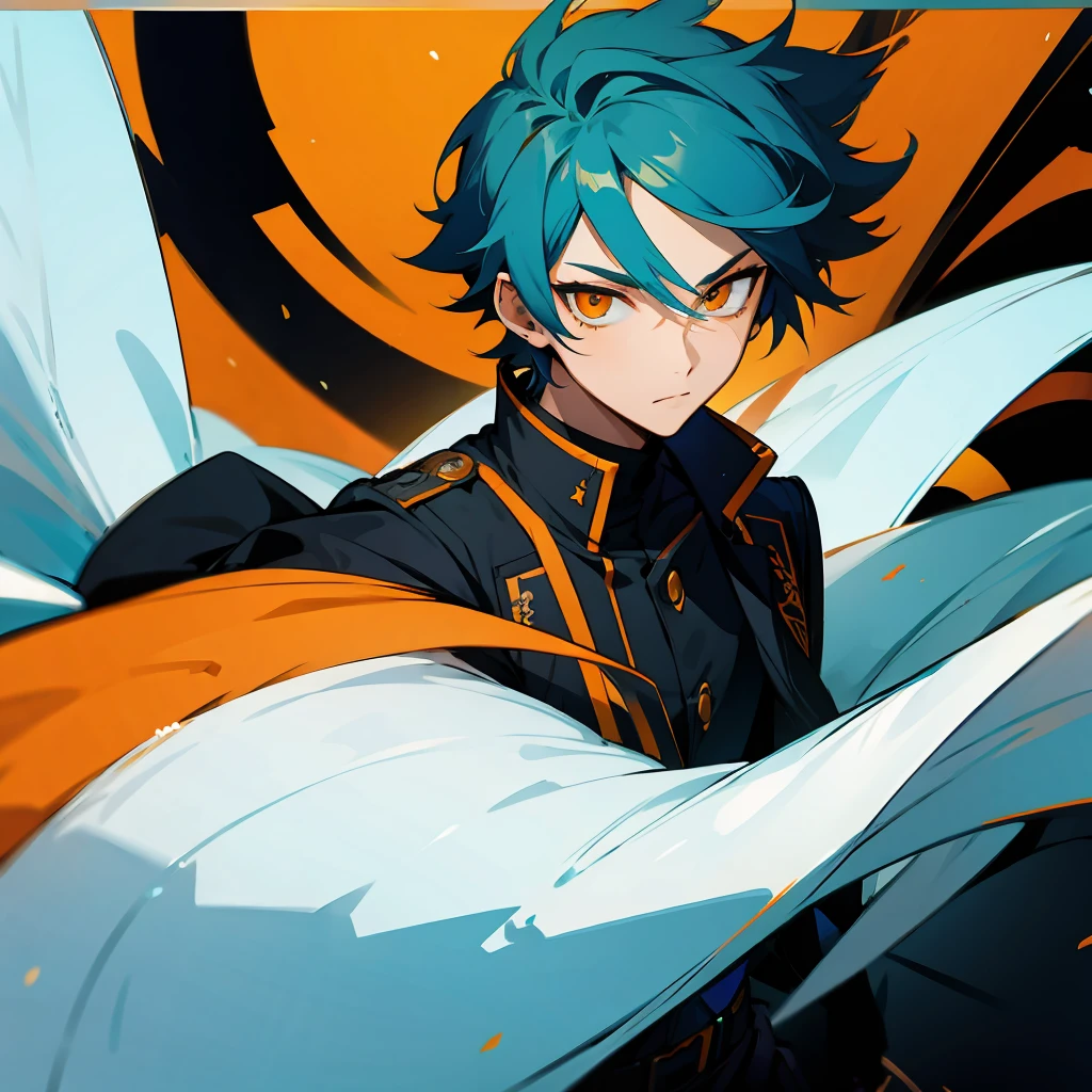 1 boy, Turquoise hair, orange eyes, black uniform, handsome, orange eye liner, high quality, high quality, detailed eyes 