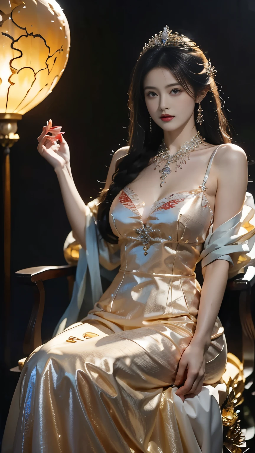 Etched illustration, Beautiful sexy queen, (((Wearing a dragon scale dress , cover))), (((Micro T-string,   and lies on the throne))),Prestige and gorgeous， (Palace Background， Ultra HD Details，Ray Tracing)，The camera tilts slightly 