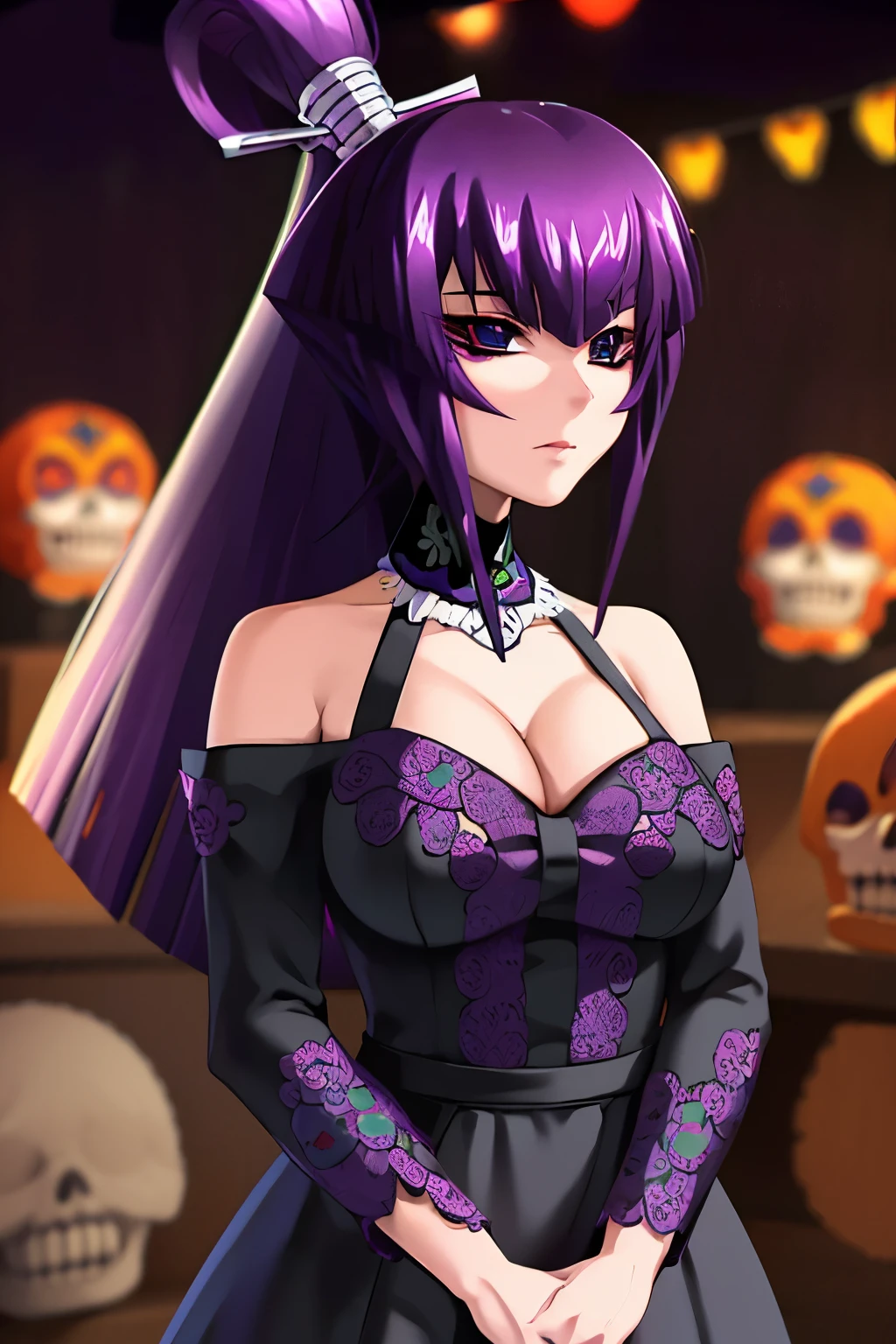 Koubuin Yuuhi vestida y maquillada como una catrina, Anime girl with long purple hair and skull makeup in front of a background, el dia los muertos!, dia de los muertos. 8 mil, ( el dia los muertos ), ( ( ( el dia los muertos ) ) ), el dia los muertos, dia de los muertos!!, (dia de los muertos), ( dia de los muertos )