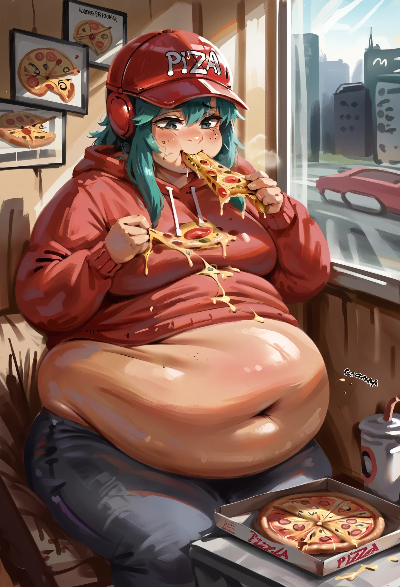 anime girl in a helmet eating pizza and talking on a cell phone, sharing a pizza, pizza!, eating pizza, eating a pizza, presenting pizza, ❤🔥🍄🌪, female protagonist 👀 :8, pizza, anime food, holding pizza, munching pizza, stuffed belly, belly bulge,  by wlop belly inflation 