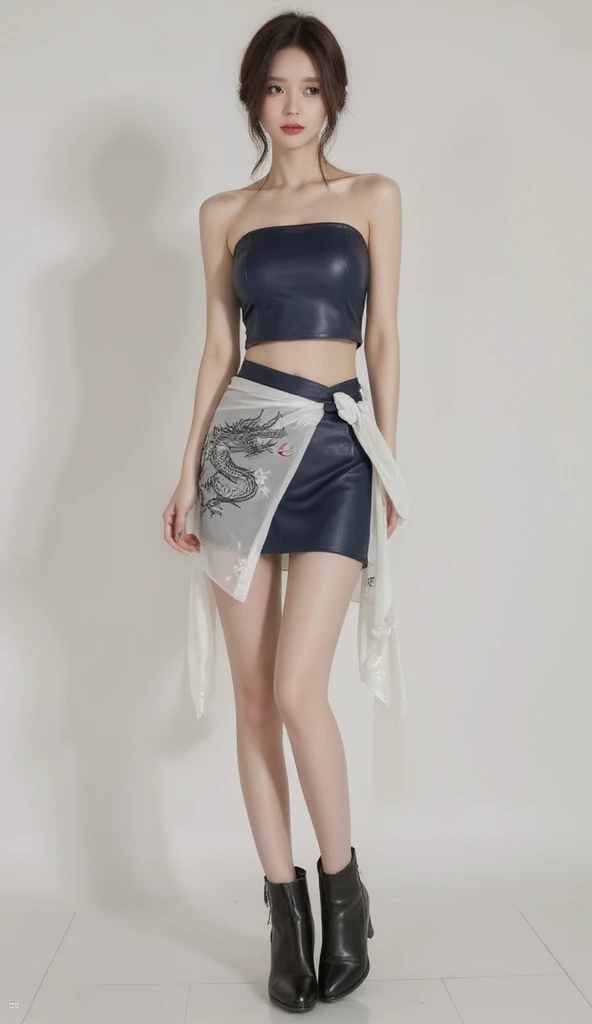 Beautiful stylist woman, slim legs, Korean actress face, long legs, detailed face, beautiful dark eye makeup, beautiful red lips, realistic Korean traditional outfit, navy, leather strapless tube crop top, short skirt, gray line drawn leather tube crop top, short tube skirt, gray dragon painting on skirt, wrap style transparent skirt, small flower pattern under skirt, thigh-length skirt, ankle boots,