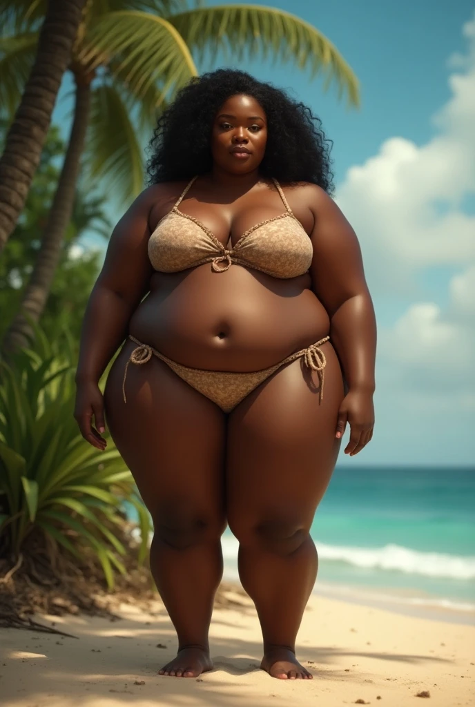 Fat African woman, pink bikini, chubby body,bbw, morbidly obese, fat, Big pregnant round belly, uncomfortable, holding belly