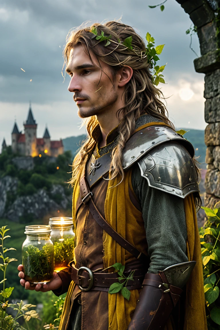 profile,  A slender druid in a natural environment ,  with a thin and wild face ,  visible scars and a crooked nose .  He has long dark blond hair ,  messy and intertwined with leaves . Your clothes are simple, in shades of yellow and brown , showing signs of wear . Around the waist,  a leather belt holds glass jars filled with herbs and potions .  Your tired look conveys a deep connection with nature and a history of challenges faced,   castle structures blurred in the distance under a gray sky , realistic,  focuses on the texture and patina of armor ,  on a blurred background that suggests a medieval setting ,  depth of field ,  dramatic lighting