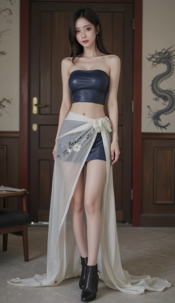 Beautiful stylist woman, slim legs, Korean actress face, long legs, detailed face, beautiful dark eye makeup, beautiful red lips, realistic Korean traditional outfit, navy, leather strapless tube crop top, short skirt, gray line drawn leather tube crop top, short tube skirt, gray dragon painting on skirt, wrap style transparent skirt, small flower pattern under skirt, thigh-length skirt, ankle boots,