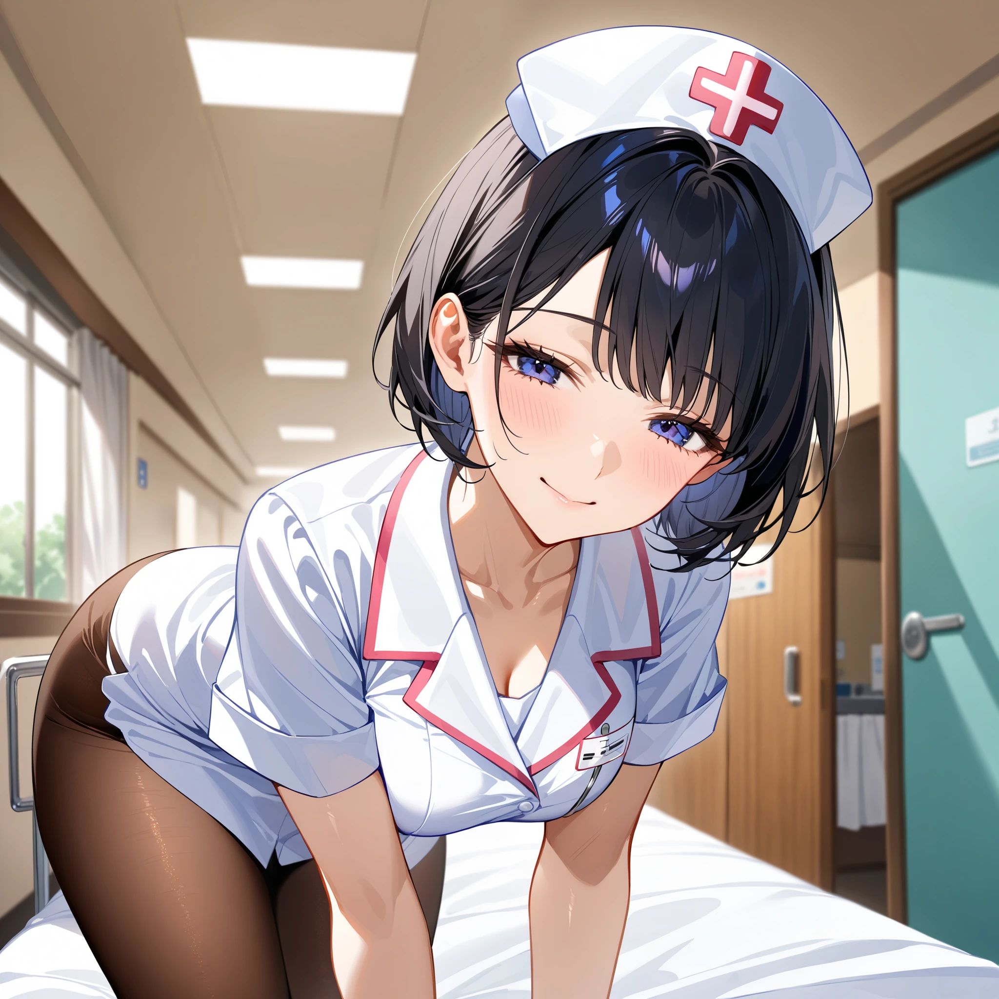 head tilt, bent over、 light smile、Half-closed eyes、blush、Beautiful mature nurse woman 、 black hair short hair、 nurse costume、Nurse cap、 brown pantyhose、 cowboy shot、hospital、A ward、（masterpiece：1.2）、（Best Quality：1.2）、（ very aesthetic ：1.2）、（ absurd：1.2）、（ detailed background）、up to date、Safety、complicated、 very detailed skin、