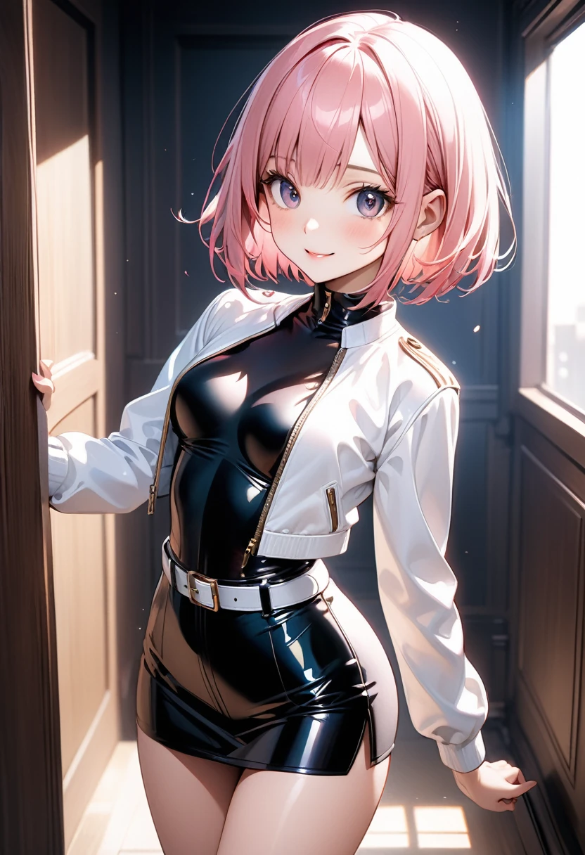 ((formal cropped jacket)), ((bustier)), ((skirt)), ((pantyhose)), ((shiny outfit)), skindentation, skinny, alone, solo, 1 woman, Masterpiece, highest quality, highest quality, 16K, incredibly absurd, highly detailed, 2.5D, ai-generated, delicate and dynamic, very delicate facial expressions, delicate eye depiction, erotic, only sexy woman, ((A cute and kind face)), healthy figure, ((25-year-old woman)), 160cm tall, ((medium firm swaying bust)), medium breasts, (short hair), (pink hair:1.5), bob cut, black eye, blush, Sweat,Embarrassed,sexy, ((thin thighs)), (camel toe:0.7), (visible nipples:0.5), (Erect nipples,:0.7), shiny and lustrous, facing straight at viewer,  smile, ((Oily_skin)), dark skin, ((standing)), ((arm at side)), ((erotic pose)),