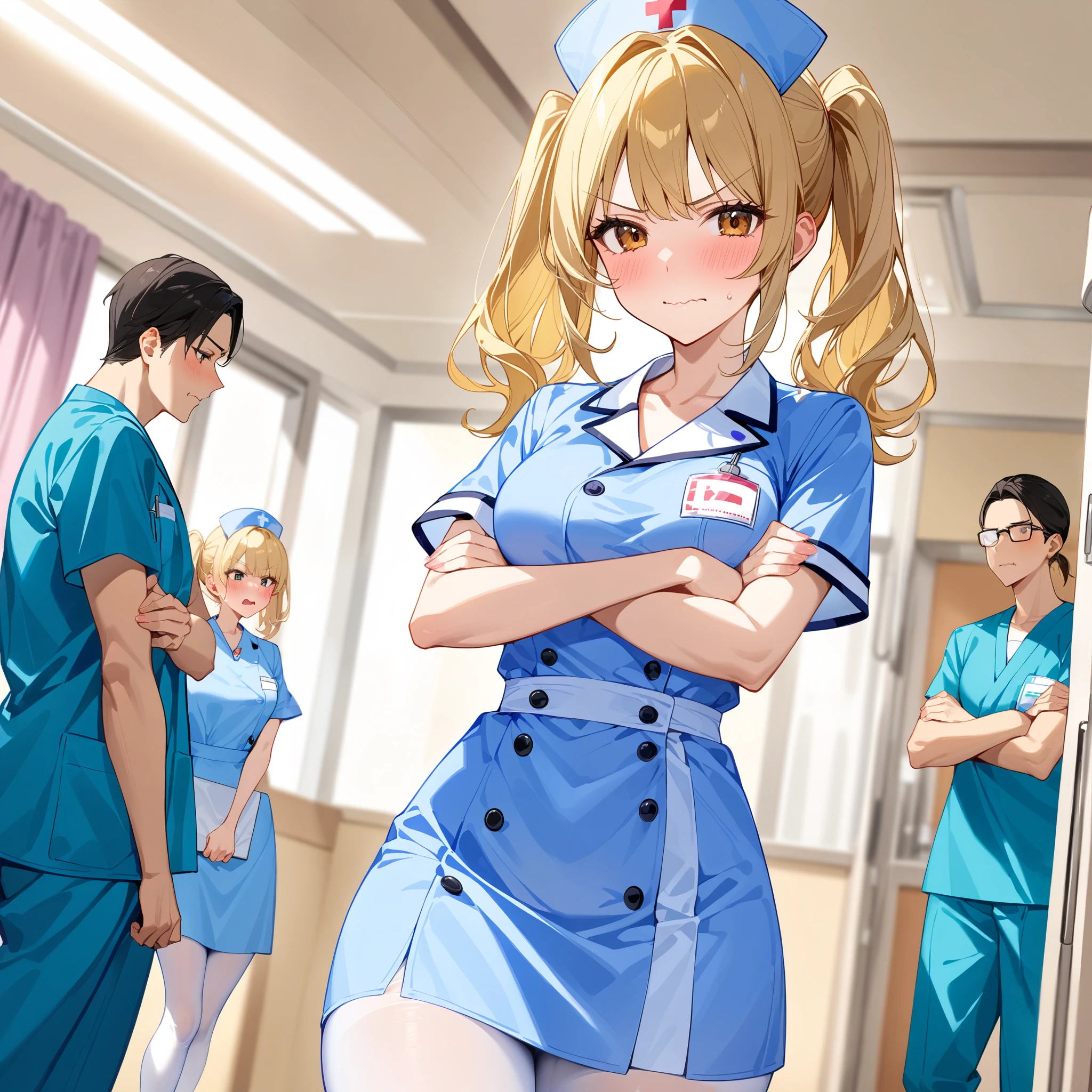crossed arms、 v-shaped eyebrows、wavy mouth、blush、Beautiful mature nurse woman 、 blonde hair medium hair、 twintail hair, nurse costume、Nurse cap、 white pantyhose、 cowboy shot、hospital、A ward、(masterpiece:1.2)、(Best Quality:1.2)、( very aesthetic :1.2)、( absurd:1.2)、( detailed background)、up to date、Safety、complicated、 very detailed skin、