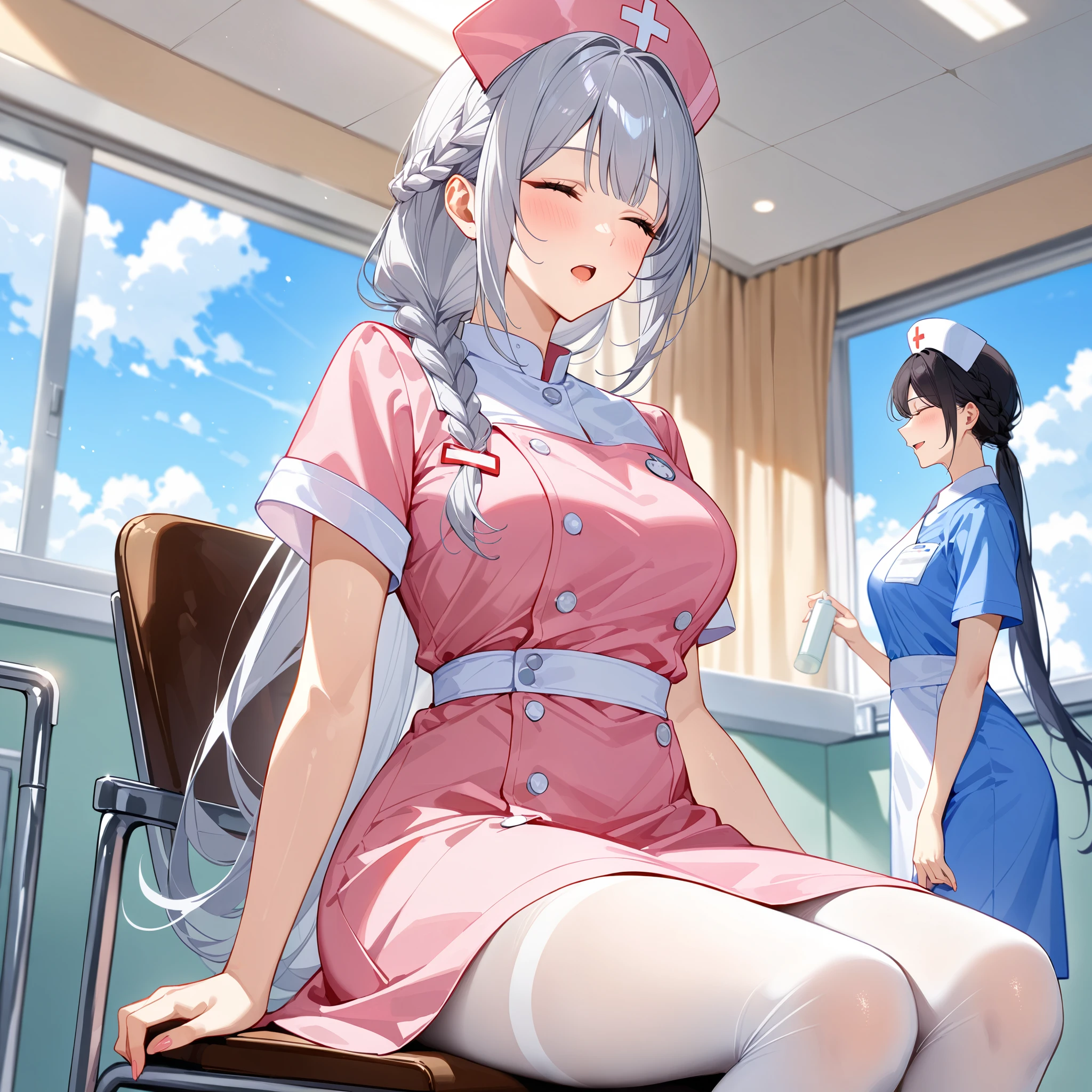 sitting、half open mouth、closed eyes, blush、Beautiful mature nurse woman 、 silver hair long hair、 braid, low ponytail hair, nurse costume、Nurse cap、 white pantyhose、 cowboy shot、hospital、A ward、(masterpiece:1.2)、(Best Quality:1.2)、( very aesthetic :1.2)、( absurd:1.2)、( detailed background)、up to date、Safety、complicated、 very detailed skin、