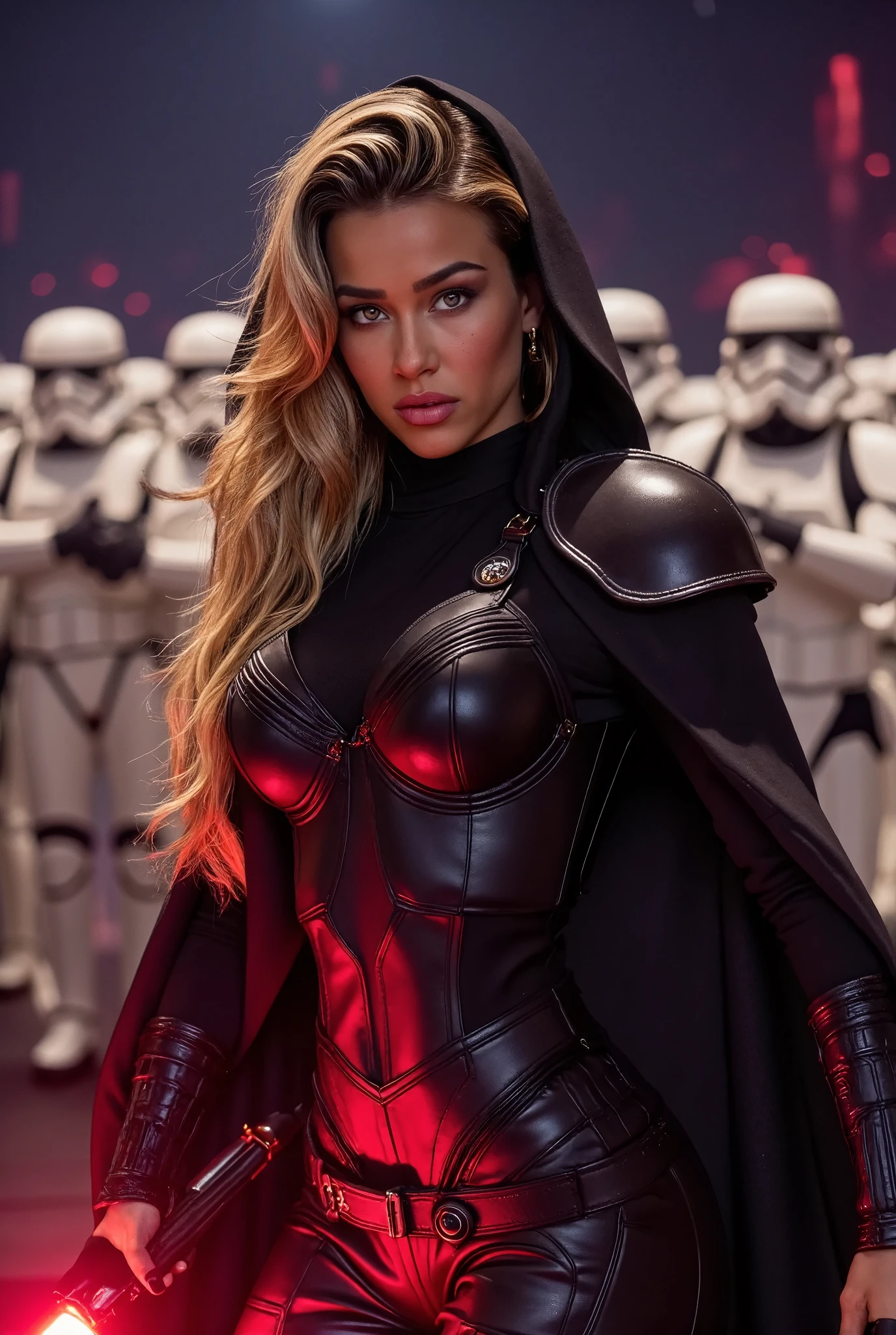 Cindy Prado (c1ndypr4flx) as a Mara Jade Skywalker with perfect eyes with long blonde hair, dressed in tight leather turtleneck combat outfit with pauldrons, using a red lightsaber, a hooded cape, strong seductive makeup, bedroom eyes, evil smirk, arrogant smirk, cinematic lighting, photorealism, background: on a sci-fi battelfield with a legion of stormtroopers standing shoulder to shoulder far behind her, blurry background, night time with stars, dark blurry background with red glow, 